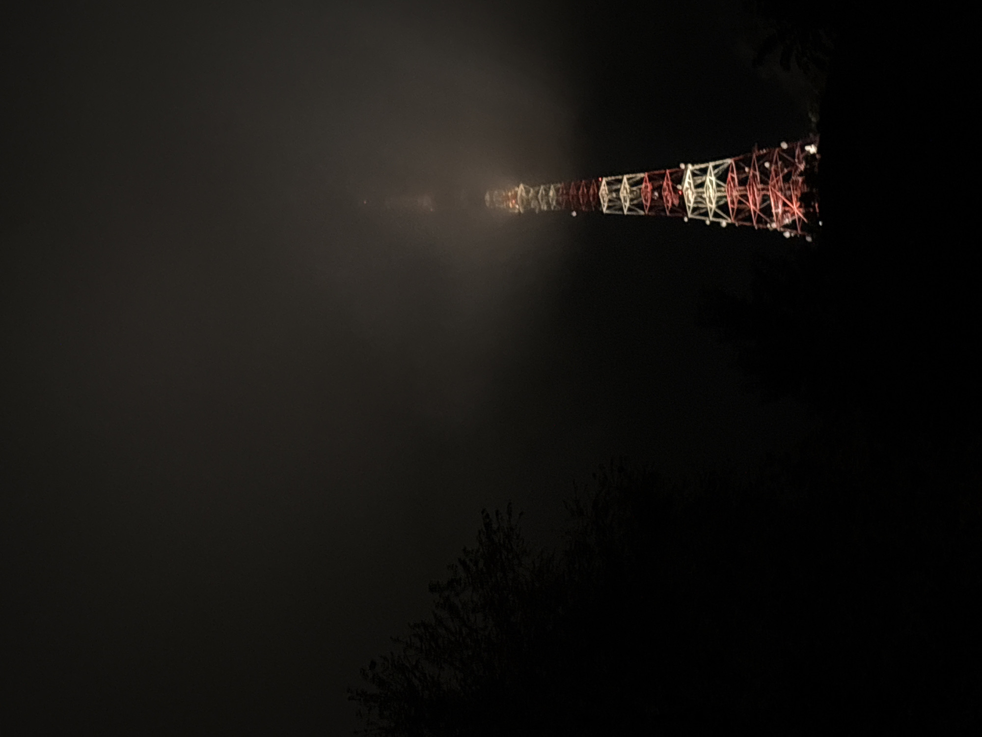 The image displays a prominent, illuminated lattice tower against a dark, foggy night sky. The tower, likely a radio or transmission tower, is adorned with alternating sections of red and white lights, which glow brightly and diffuse through a thick layer of fog or mist. This atmospheric condition creates a soft, hazy halo around the lit sections, making the structure appear to stretch into an endless, obscured distance towards the left.
The tower extends diagonally from the upper right portion of the frame towards the left, with its base or lower section disappearing into the darkness of the foreground. The time of day is clearly night, characterized by the profound darkness that surrounds the illuminated structure. In the lower right, faint, dark silhouettes of tree branches can be discerned, indicating an outdoor setting, possibly on a hill or in a natural landscape. The extreme darkness in most parts of the image enhances the dramatic contrast with the illuminated tower.
There is no human activity visible, and no text is discernible within the image. The scene evokes a sense of quiet solitude and mystery, with the fog contributing to an ethereal and somewhat isolated atmosphere. The photograph captures a moment from Birobidzhan, Russia.
