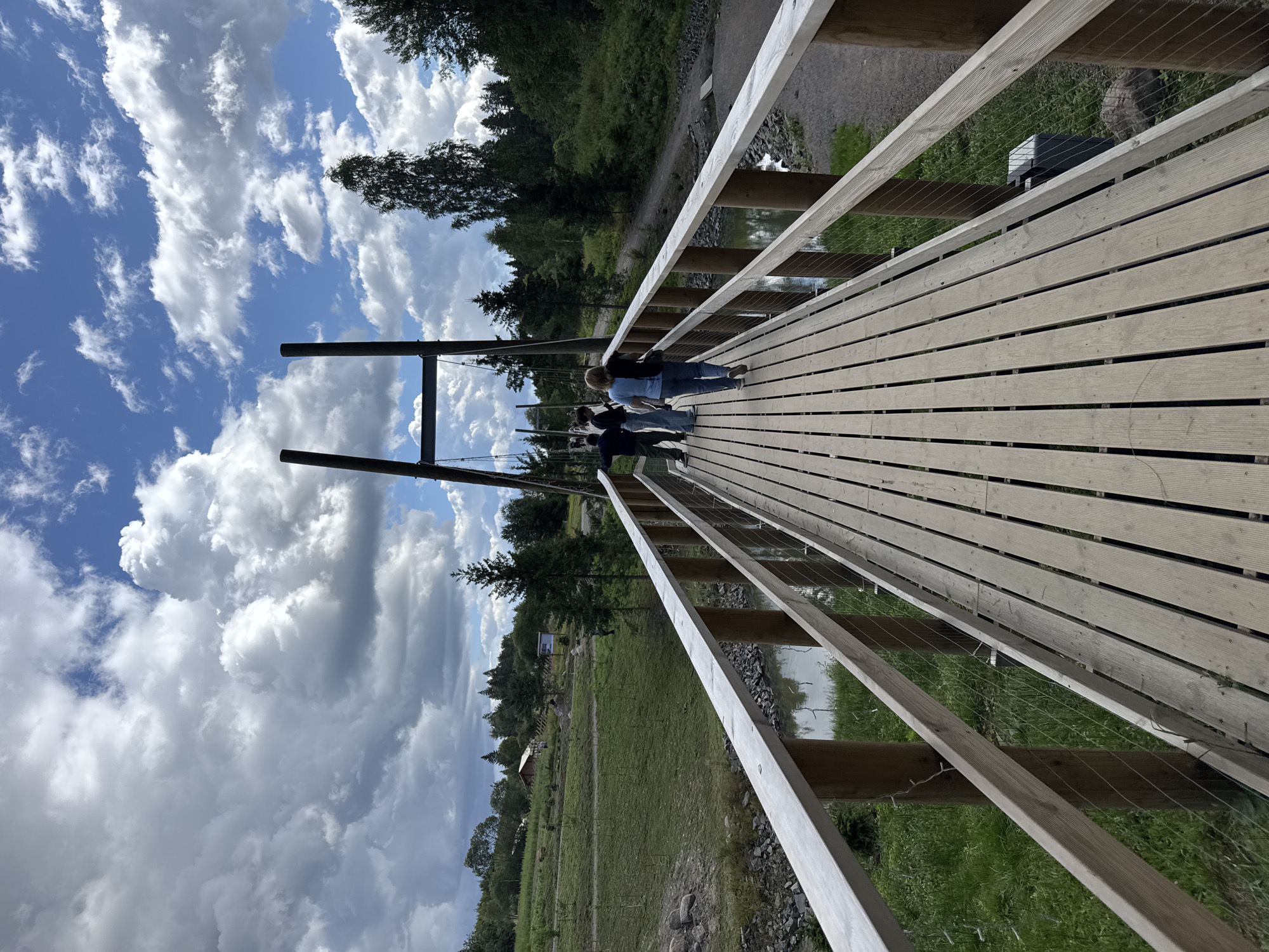 An outdoor, eye-level, full shot captures a wooden suspension bridge with railings and wire mesh on a cloudy day. The bridge deck is made of light-colored wooden planks laid lengthwise. Several people are walking across the bridge, with their backs to the camera. The landscape surrounding the bridge features a gently sloping green field with scattered rocks and young trees, a small body of water, and a dense forest in the background. A wooden structure, possibly a building or shed, is visible on the hill in the distance. The sky is filled with dramatic white and gray clouds against a blue backdrop. The scene is located in Khankanmyaki, Russia.