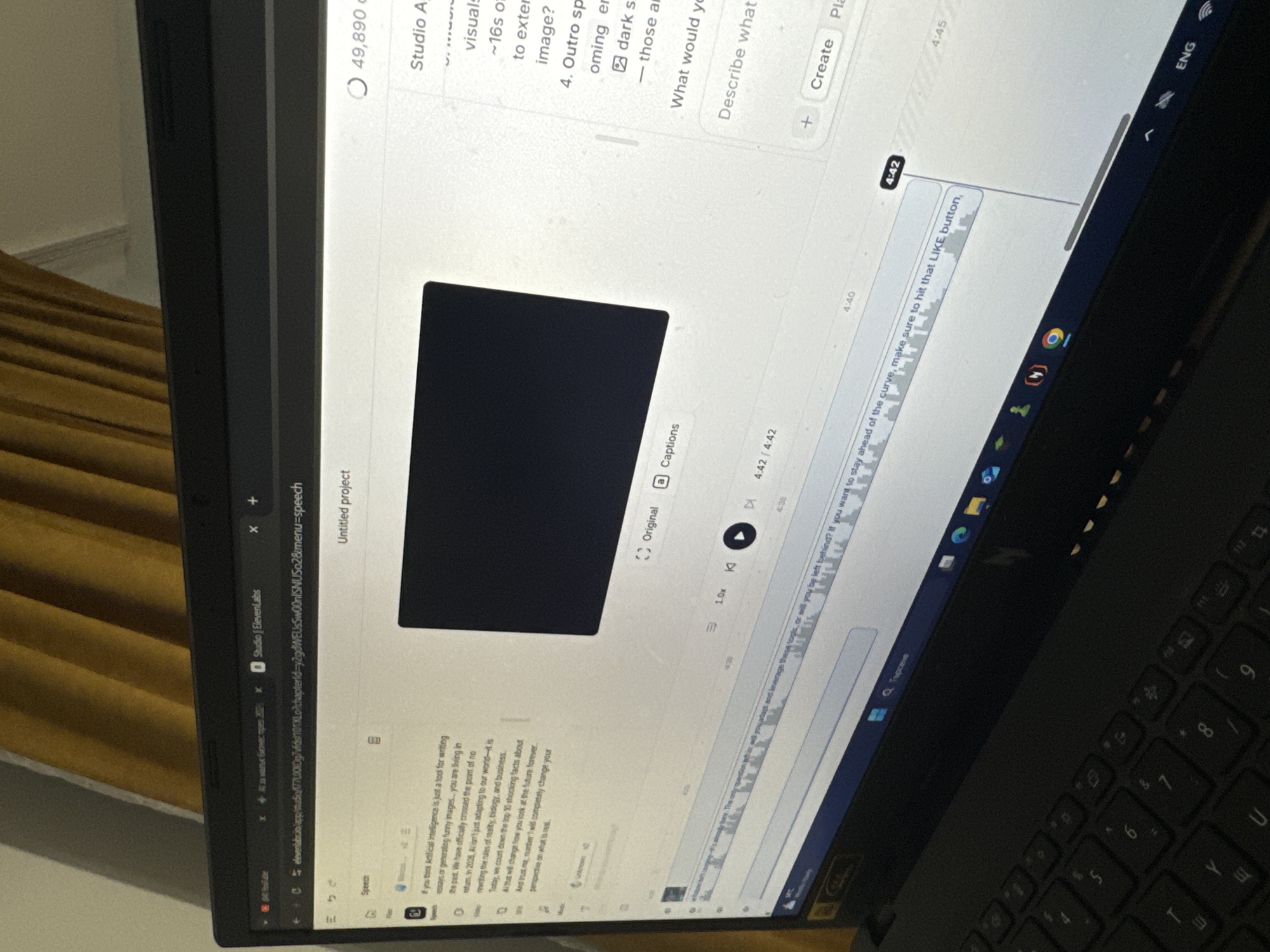 The image shows a laptop screen displaying what appears to be a video editing interface, possibly from a service like ElevenLabs. The screen shows text, a video preview, and a timeline with audio waveforms. The text content suggests a discussion about artificial intelligence and its impact, with a focus on its evolving role in various aspects of life. The location is indicated as Unknown, Unknown.