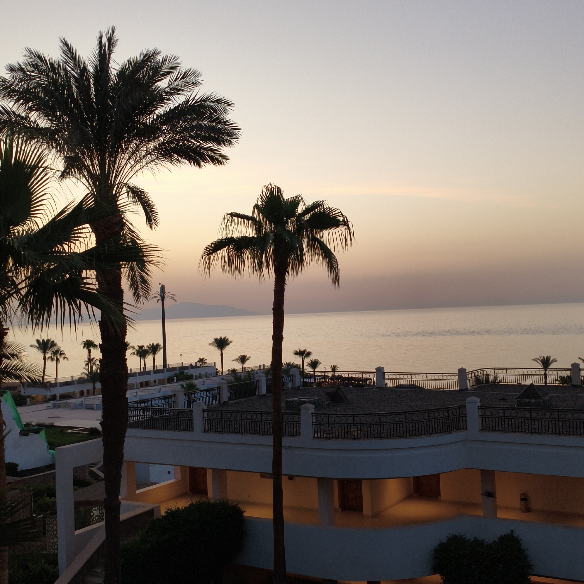 The image captures a serene sunset over a body of water, likely the sea, with a resort or hotel in the foreground. Several palm trees are silhouetted against the soft, gradient sky, which transitions from a pale yellow at the horizon to a light purple-grey at the top. The water is calm and reflects the colors of the sky.
In the foreground, a multi-level building with white walls and dark railings is visible. The architecture suggests a tropical or Mediterranean setting, with open-air walkways and courtyards. The building appears to be uninhabited at this moment; no people are visible. The lighting suggests late evening, with some interior lights illuminating certain areas of the building.
The overall impression is one of tranquility and a peaceful end to the day. The location appears to be a coastal resort, possibly in a warm climate given the presence of palm trees. The distant horizon shows a faint outline of hills or mountains.