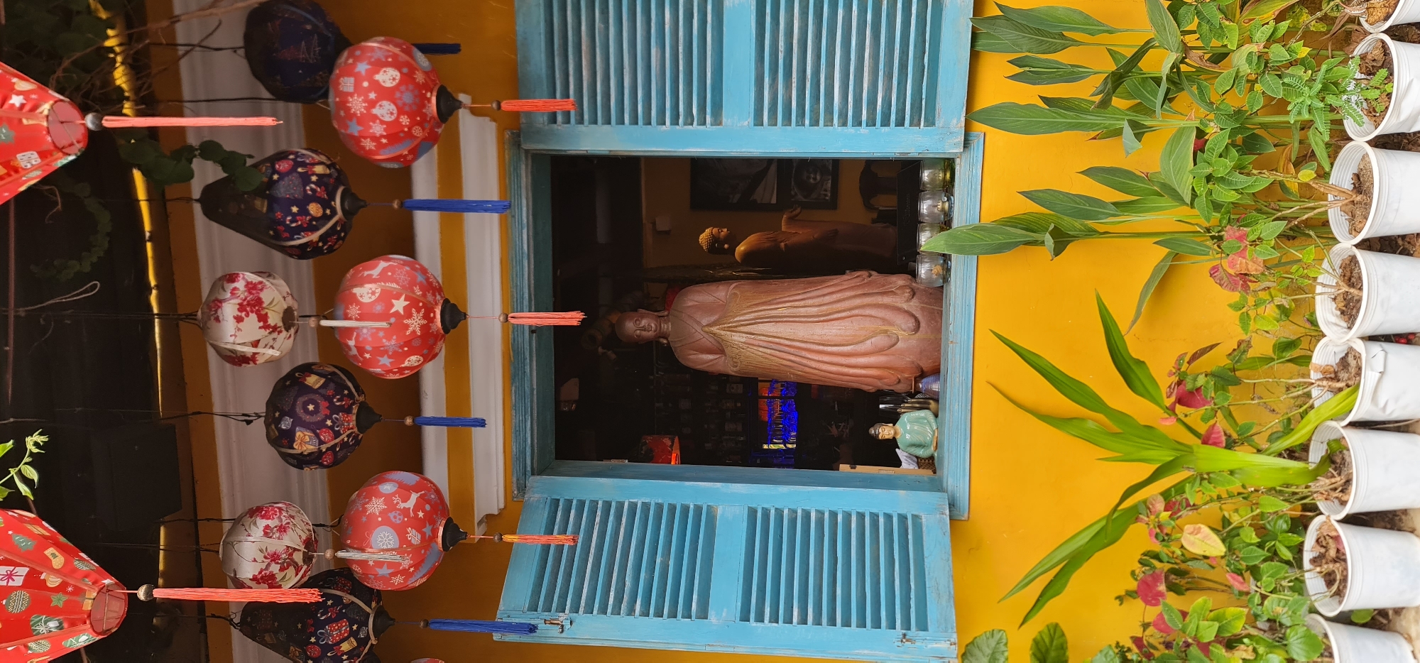 The image shows a window in Hội An Ward, Vietnam, with blue shutters slightly ajar, revealing a view into a shop or interior space. The wall surrounding the window is painted a vibrant yellow, contrasting with the shutters. Adjacent to the window, a vertical row of potted plants in white containers lines the edge of the wall, adding a touch of greenery to the scene. Hanging from the building are several colorful lanterns, casting a soft glow on the surroundings. Inside the window, a statue of a person is visible, suggesting the presence of a religious or cultural object. Overall, the image captures the vibrant colors and cultural richness of Hội An.