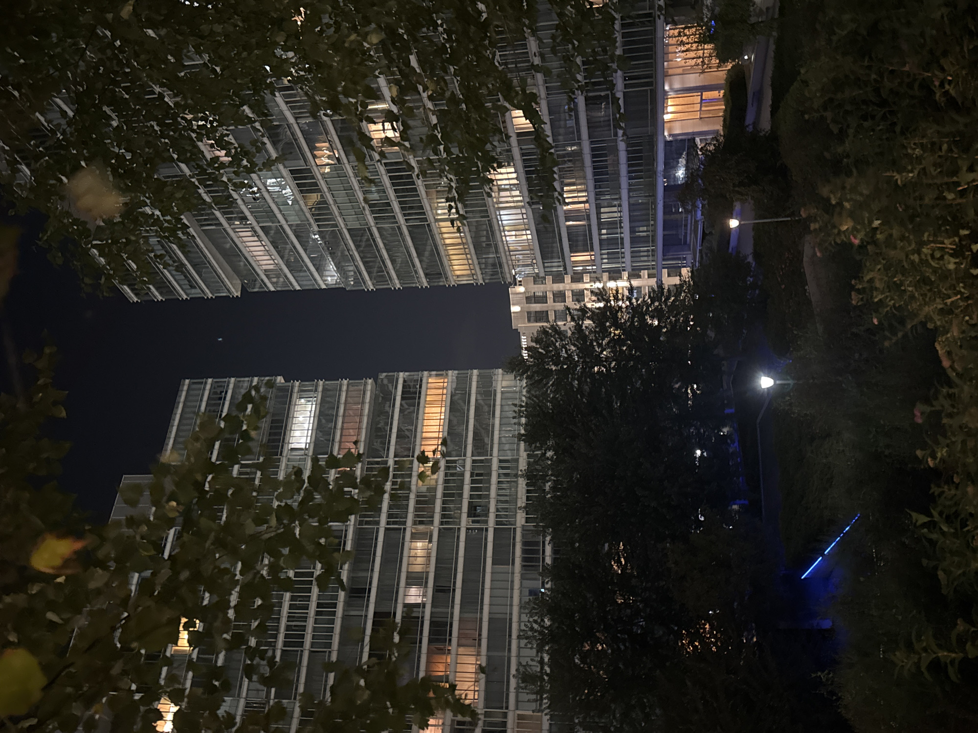 A nighttime exterior view of two modern, multi-story apartment buildings in Almaty, Kazakhstan. The buildings are constructed with glass facades and have numerous lit windows, suggesting occupancy. The foreground is dominated by dark foliage from trees and shrubs, with hints of pink flowers visible. A pathway with a lamppost is visible in the middle ground, and a bright blue light strip is embedded in the ground, extending diagonally. The sky is dark, indicating nighttime. The overall scene depicts an urban residential area at night.