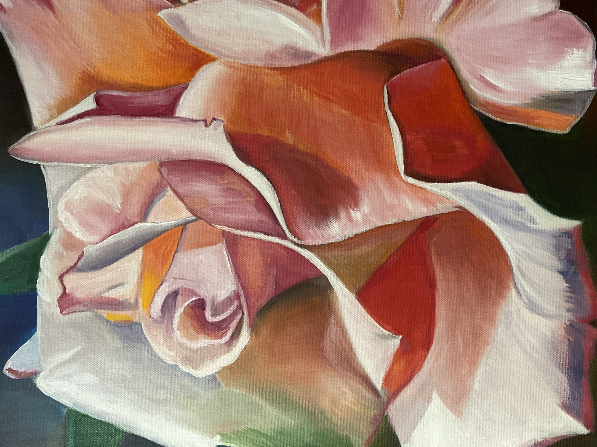 This is a close-up, detailed oil painting of a rose. The petals are rendered with rich, layered colors, showcasing a transition from pale pink and white to vibrant coral, orange, and deep red. The texture of the canvas is visible, contributing to the tactile quality of the artwork. Light and shadow are expertly depicted, creating a sense of depth and volume within the floral form. The background is a dark, deep blue-green, which makes the rose's colors pop. There is no indication of a city location within the image itself; it is a still life of a flower.