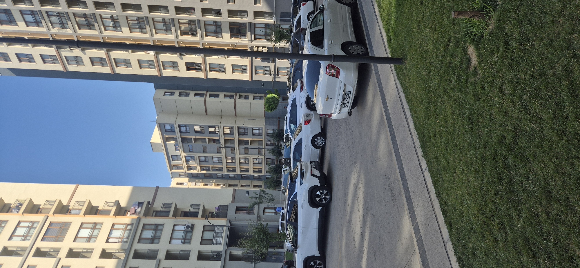 The image shows a street scene in Tashkent, Uzbekistan, with modern apartment buildings and parked cars. The buildings are tall and have many floors with balconies. The architecture is contemporary, with light-colored facades and geometric window designs. Several white cars are parked in a lot in front of the buildings. One car in the foreground has a license plate with the characters "JG017 XCA". The sky is clear and blue, suggesting it is a sunny day. A patch of green grass is visible in the lower right corner of the image.