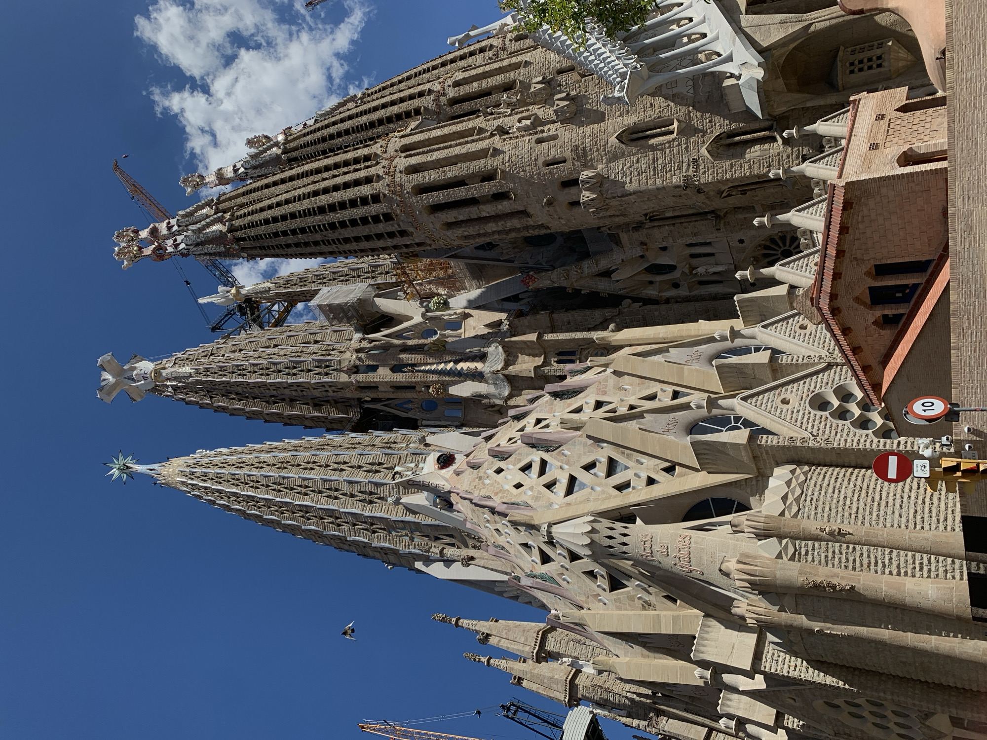 The image shows a worm's eye view of the Sagrada Familia basilica in Barcelona, Spain. The shot captures the upper parts of the building's facade and several towers against a partly cloudy blue sky. Construction cranes are visible near the tops of some of the towers, suggesting ongoing work. At least one bird is visible in flight near one of the towers. Traffic lights and street signs are affixed to the side of the building near the street.