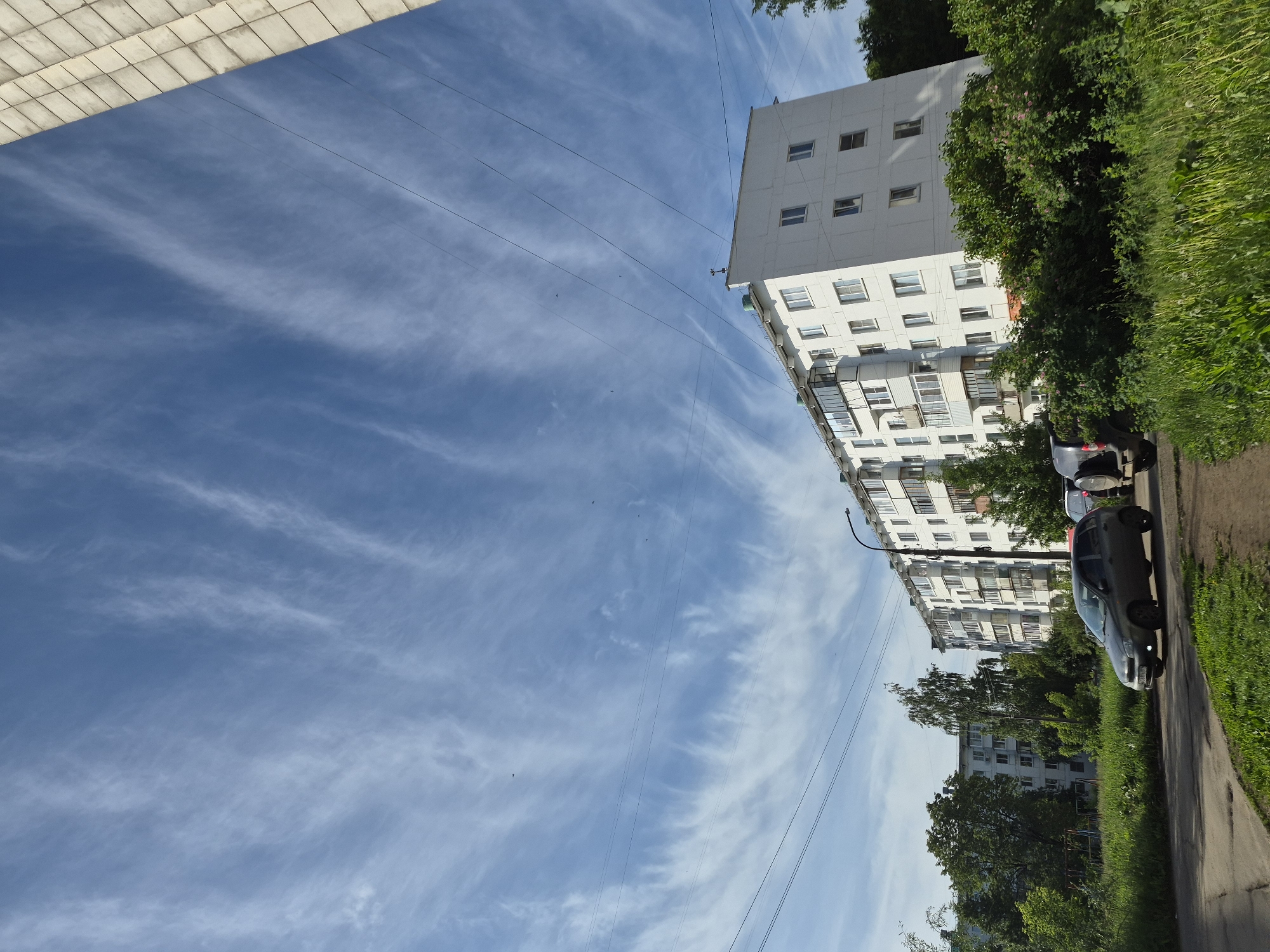 This image captures a bright, sunny daytime scene of a residential area in Chaikovsky, Russia. The sky dominates the upper and left portions of the frame, displaying a clear blue expanse dotted with long, wispy white clouds (cirrus or cirrocumulus). Several thin, dark utility lines stretch horizontally across the sky.
On the right side of the image, multiple white or light-grey, multi-story apartment buildings stand upright, featuring numerous rectangular windows and some enclosed balconies. Lush green grass and a variety of trees and bushes, some displaying hints of pink flowers, line the sidewalk and partially obscure the buildings, creating a verdant barrier between the structures and the street.
A paved sidewalk runs along the bottom right, adjacent to a street where a dark-colored car is parked. Another vehicle is partially visible behind it. In the far upper left corner, a fragment of a light-colored, tiled or paneled concrete structure is visible, possibly part of an overhead building or a roof. The scene depicts a typical, peaceful urban environment under fair weather conditions. There are no people visible, and no discernible text.