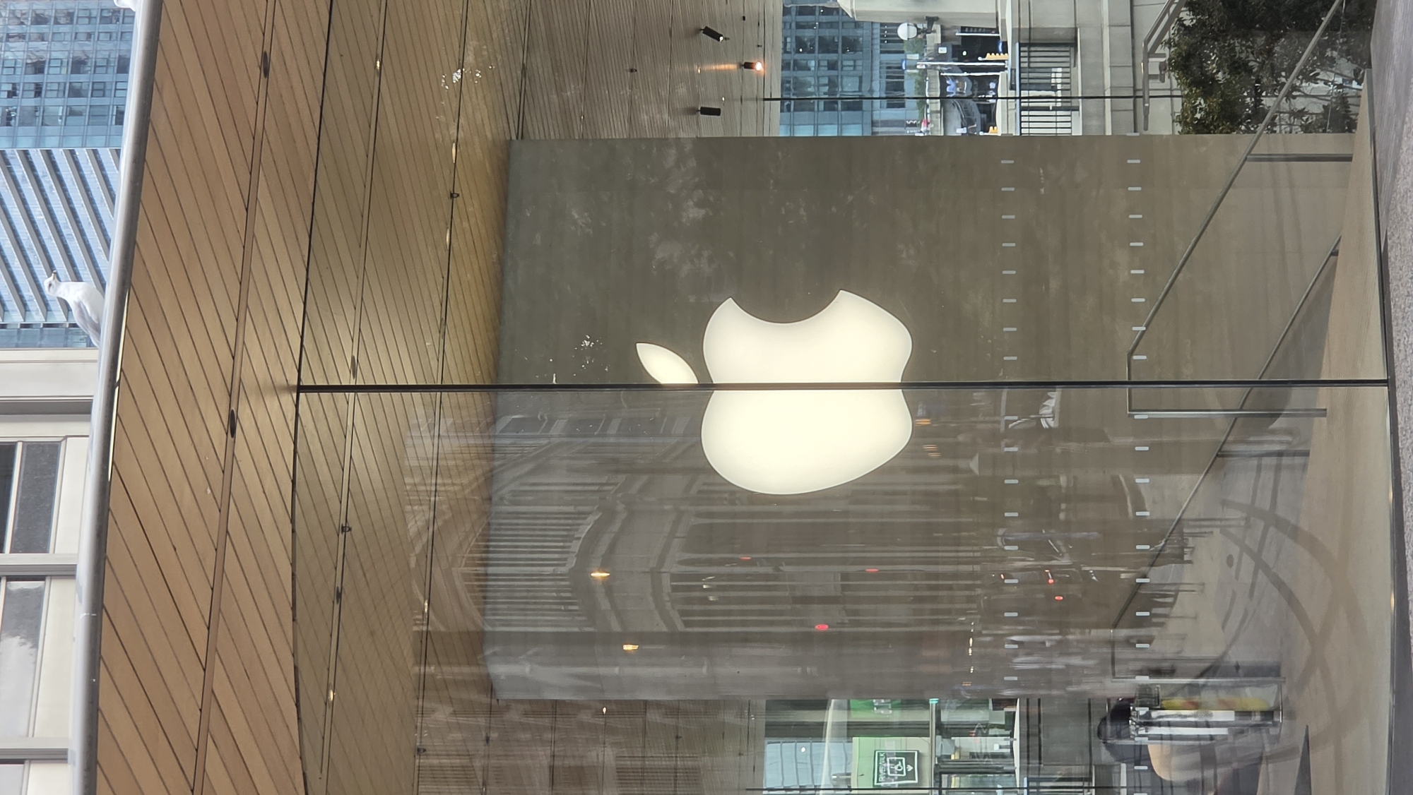 The image is a photograph of the Apple Store located at 679 North Michigan Avenue in Chicago, Illinois. The photo captures the storefront's large glass facade, reflecting the surrounding buildings and sky. A prominent, illuminated Apple logo is displayed on the glass. In the background, a seagull is perched on the roof of a building, and city architecture is visible. The foreground shows the entrance area with stairs and railings, reflecting the interior of the store.