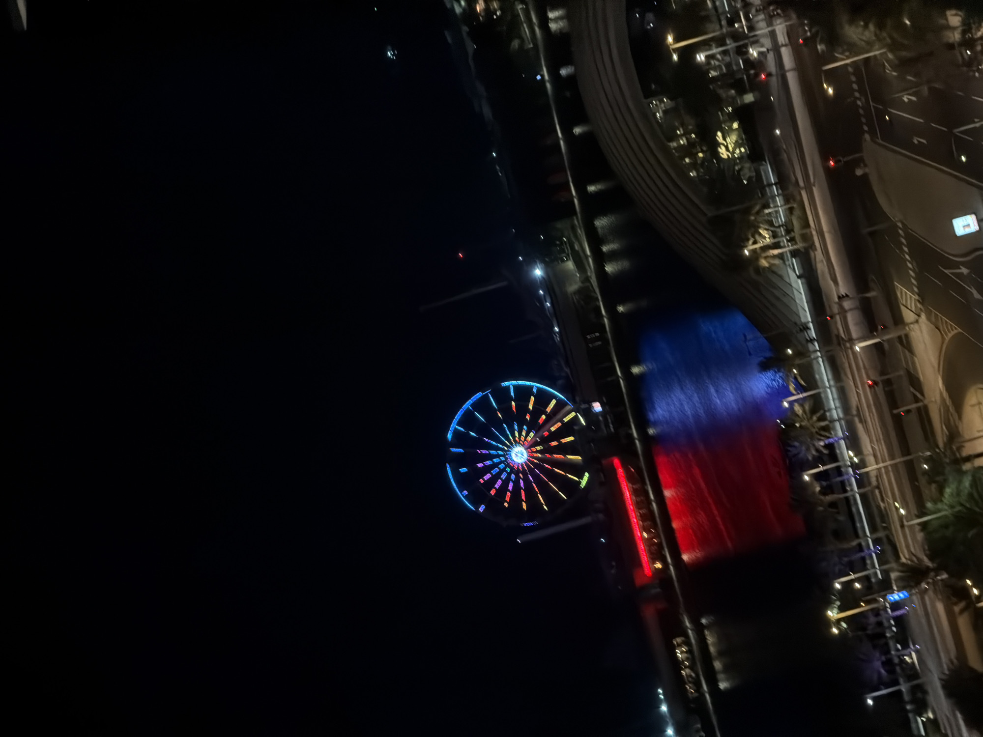 The image shows a Ferris wheel illuminated with multicolored lights at night. The Ferris wheel is situated on a waterfront with a body of water in the foreground, reflecting the lights from the wheel and buildings. There are palm trees and streetlights visible along the waterfront and a road in the lower right quadrant of the image. The scene suggests an urban environment with entertainment attractions. The Ferris wheel is the central focus, its bright lights contrasting with the dark sky.