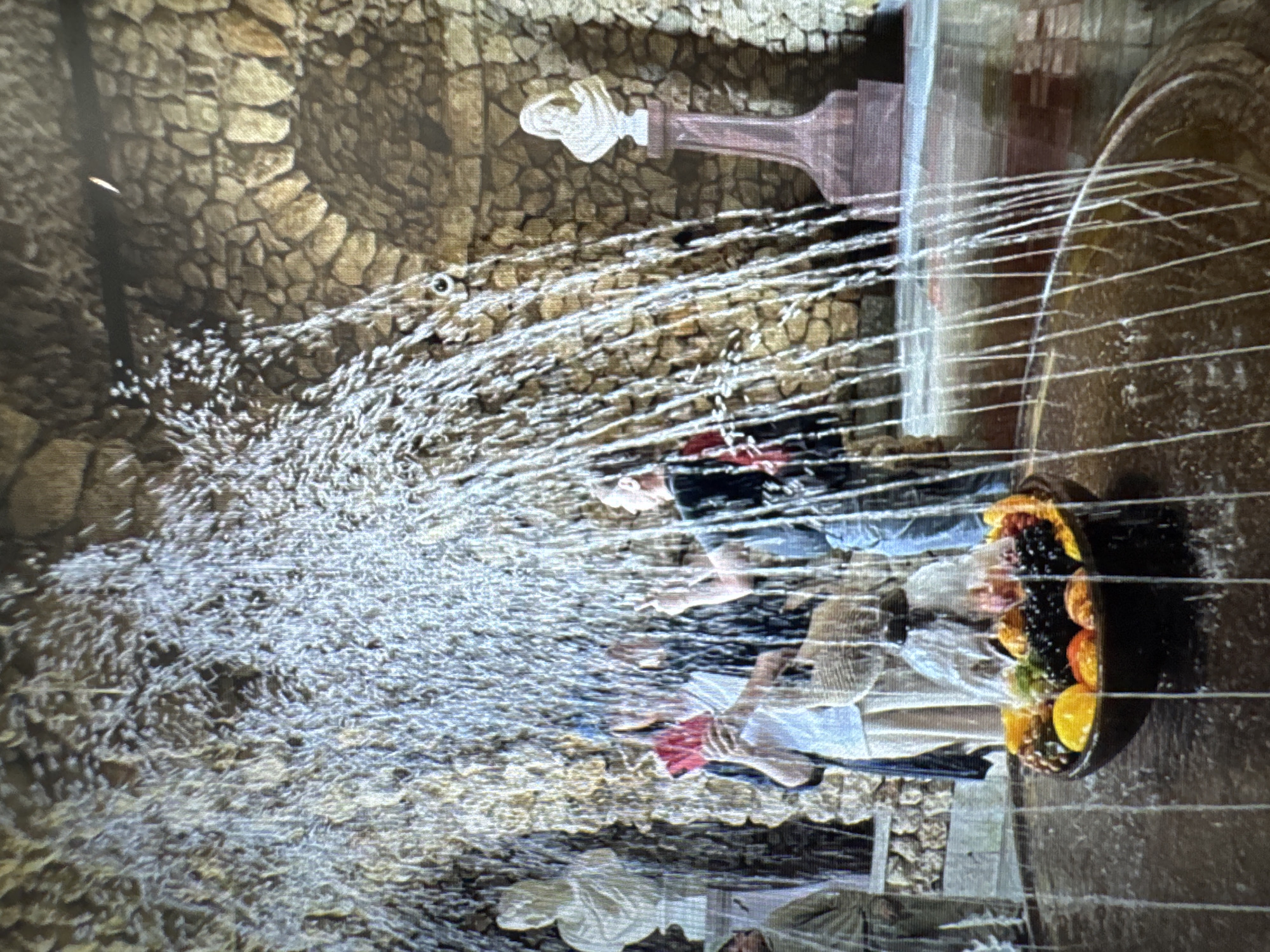 The image captures an indoor or covered space with textured, irregular stone walls, creating a grotto-like ambiance. The dominant feature is an elaborate water fountain that generates a dense, multi-directional spray of fine water streams, forming a dynamic curtain and arcs across the scene.
In the upper right of the frame, a light-colored, stylized sculpture, possibly a bust or an abstract figure, is mounted on an ornate reddish-brown pedestal against the stone wall. Embedded within the stone wall, particularly near where some water streams emerge, are small, circular, dark elements resembling eyes.
Several individuals are present, largely obscured by the voluminous water spray or partially cropped. One person in the mid-ground, dressed in a dark top and blue jeans, is partially visible through the water, appearing to observe the fountain. Another person closer to the foreground is heavily obscured by the water, seemingly holding a red item. Additional blurry figures are discernible towards the right edge of the image.
To the right of the main water curtain, a dark bowl brimming with colorful fruits, including oranges and what appear to be berries, is situated on a surface, possibly a table or part of the fountain's structure.
The scene suggests a public attraction, a themed restaurant, or a historical site, offering a serene yet engaging experience with its unique water feature. The lighting is diffused, indicating an indoor or sheltered setting. No visible text is present in the image.
