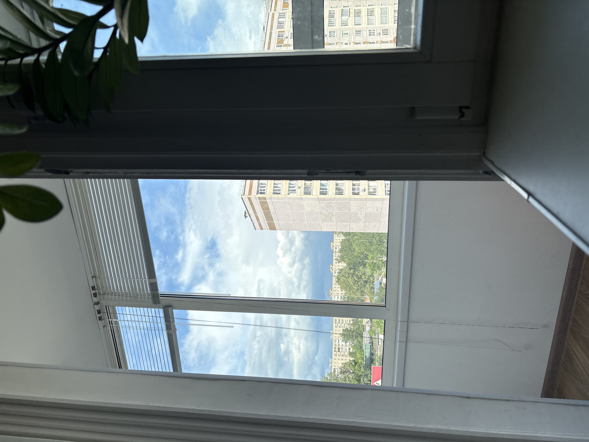 The image shows a view from an apartment window. The window is open, revealing a cloudy sky and city buildings, including apartment blocks and some greenery. Blinds are partially covering the lower portion of the window. A potted plant is visible on the left. Without more information, it is not possible to determine the exact location in Chaikovsky, Russia.
