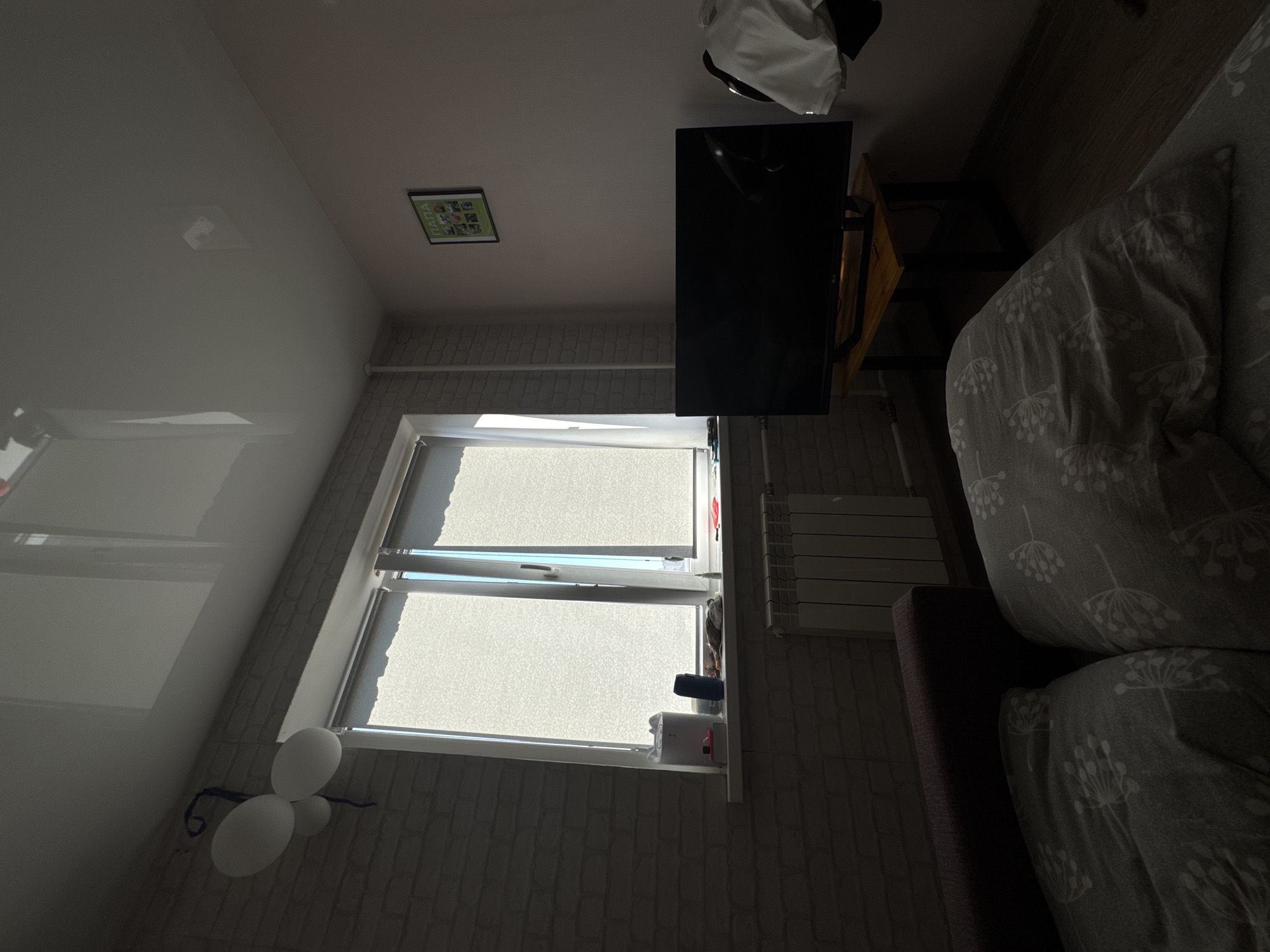 A dimly lit room in Perm, Russia, contains a partially visible grey floral patterned sofa on the right. A television is mounted on a wooden stand, with a radiator on the wall nearby. A double-paned window is fitted with blinds, and a wall-mounted light fixture is seen below it. Above the window is a framed photograph. The room has brick-patterned walls.