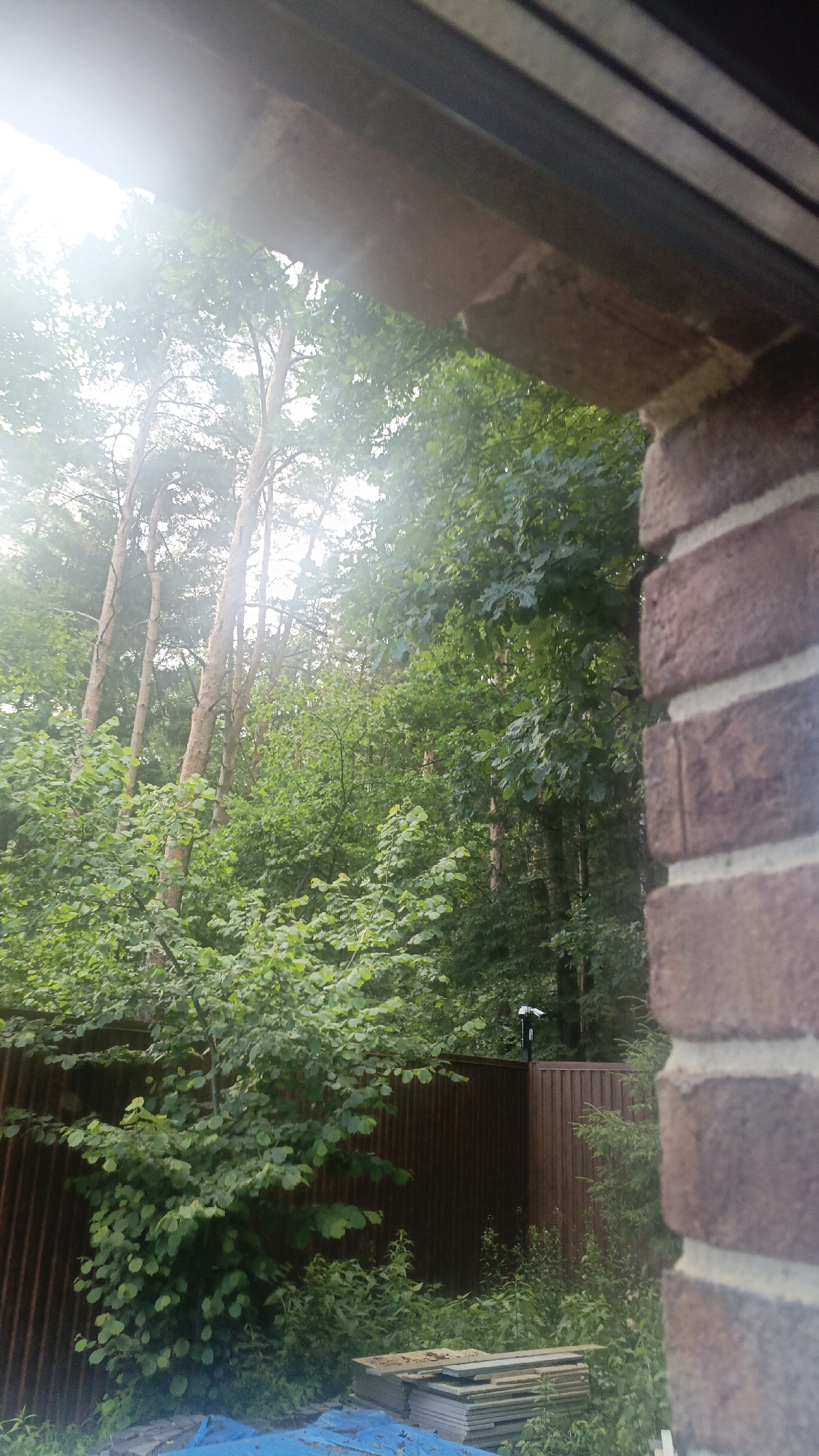 The image shows a view of a green forest with trees and foliage. In the foreground, on the right side, is a brick wall, suggesting it is a close-up or from a building. There is a wooden fence in the background, behind which more trees and greenery are visible. On top of the fence, a security camera is mounted. In the lower part of the image, a stack of wooden planks and a blue tarp are present, indicating some construction or storage activity. The overall scene is outdoors, in a natural setting potentially adjacent to a residential or developed area, given the presence of the fence, camera, and building materials. The location is identified as Nikolino, Russia.