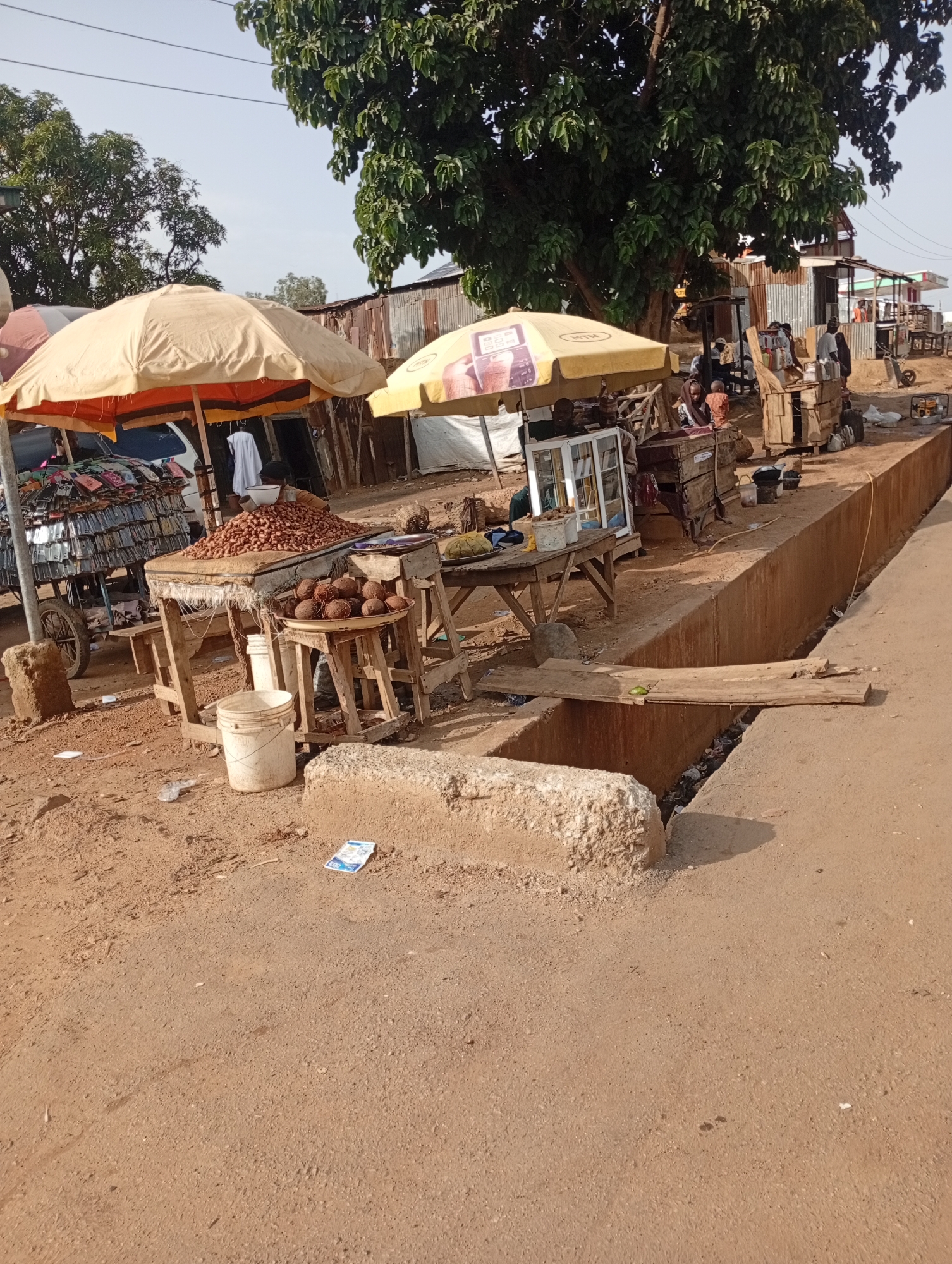 In Rafin Par, Nigeria, an outdoor market scene unfolds under a large tree. Various stalls are set up, covered by yellow and beige umbrellas. One stall displays a cart loaded with numerous phone cases, meticulously stacked. Adjacent to it, a table holds a large mound of what appears to be nuts, alongside a bowl of coconuts. Further down the line, wooden stalls showcase a variety of goods, and a few individuals are visible tending to their businesses or browsing. A concrete drainage channel runs along the right side of the frame, with a makeshift wooden plank serving as a bridge across it. The ground is a mix of dirt and asphalt. In the background, corrugated metal structures and more stalls suggest a bustling market environment. The sky is clear and bright.