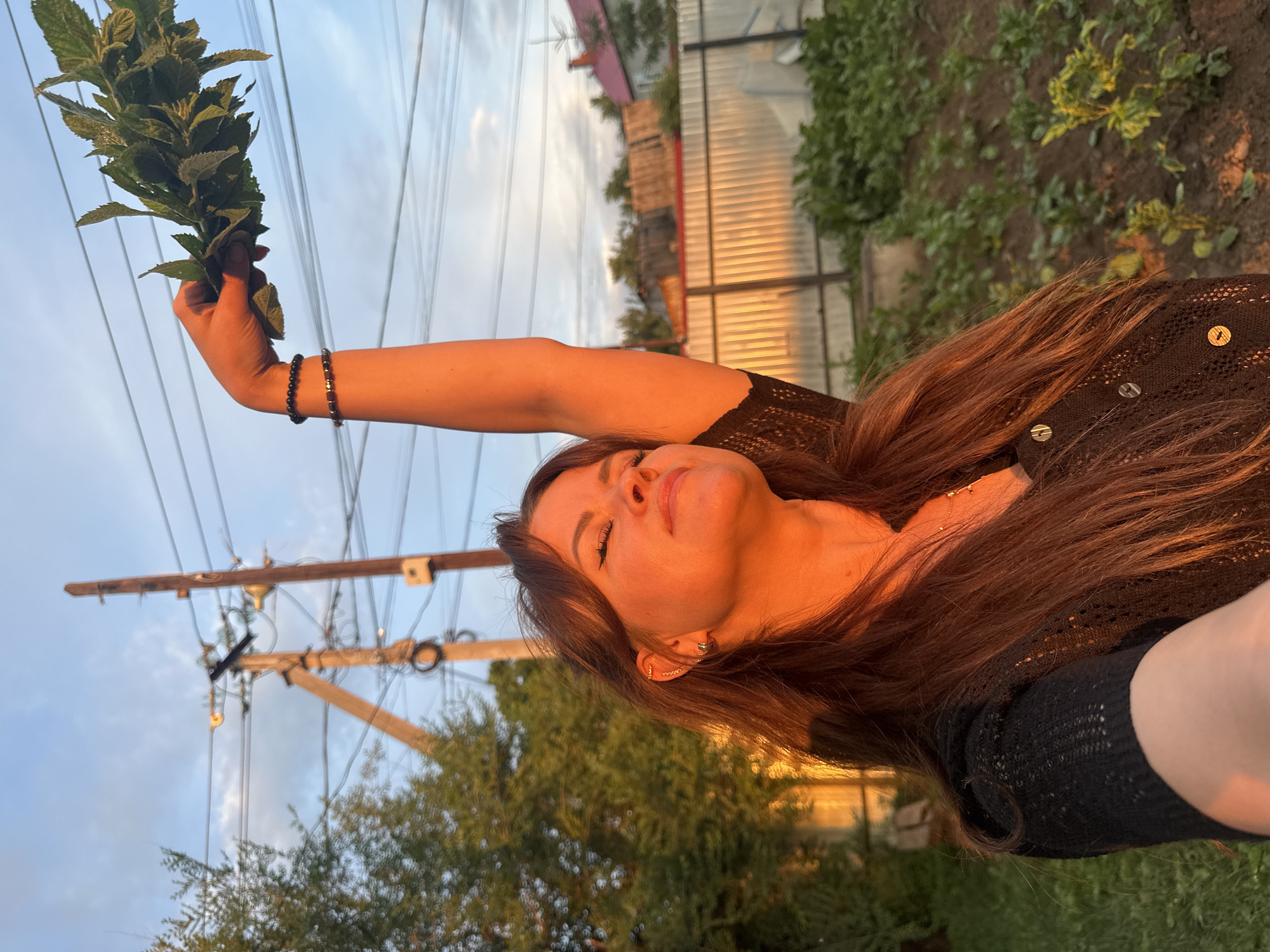 A medium shot captures a woman in a black, open-knit cardigan, her right arm raised, holding a bouquet of leafy green herbs against a twilight sky. The golden light of sunset illuminates her face, causing her eyes to be closed and her head to be tilted back in what appears to be a moment of enjoyment or prayer. The background includes a blurred view of a garden with rows of plants, a corrugated metal fence, and a distant residential building with a red roof. Overhead, power lines crisscross the sky, supported by wooden utility poles. The scene appears to be set in a rural or suburban area on the outskirts of Chaikovsky, Russia.