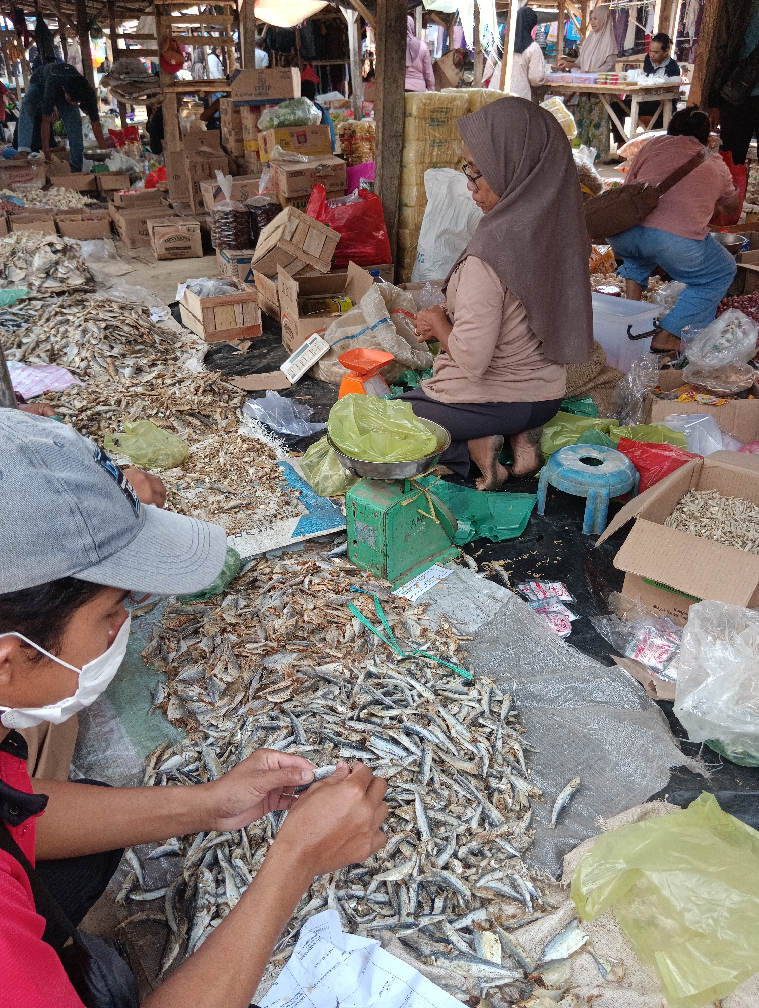 In the city of Binakarsa, Indonesia, a busy marketplace is captured in this image. The scene is dominated by a large pile of dried fish, meticulously arranged on a woven mat and a gray tarp. Two individuals are actively engaged with the fish; one, wearing a grey baseball cap and a white face mask, is carefully sorting through the fish with their hands. The other individual, a woman wearing a hijab and glasses, is seated and appears to be supervising or preparing to process the fish, her hands resting on a pile.
Surrounding the fish are various other market items and structures. A green weighing scale with a metal pan, a common sight in markets, sits prominently. Various plastic bags, some filled with what appears to be produce, and cardboard boxes of different sizes are scattered throughout the scene, indicating the presence of a wide array of goods. In the background, other market-goers can be seen amidst stalls and wooden structures, suggesting a bustling commercial environment. The overall atmosphere is one of a typical day in a vibrant Indonesian market.
