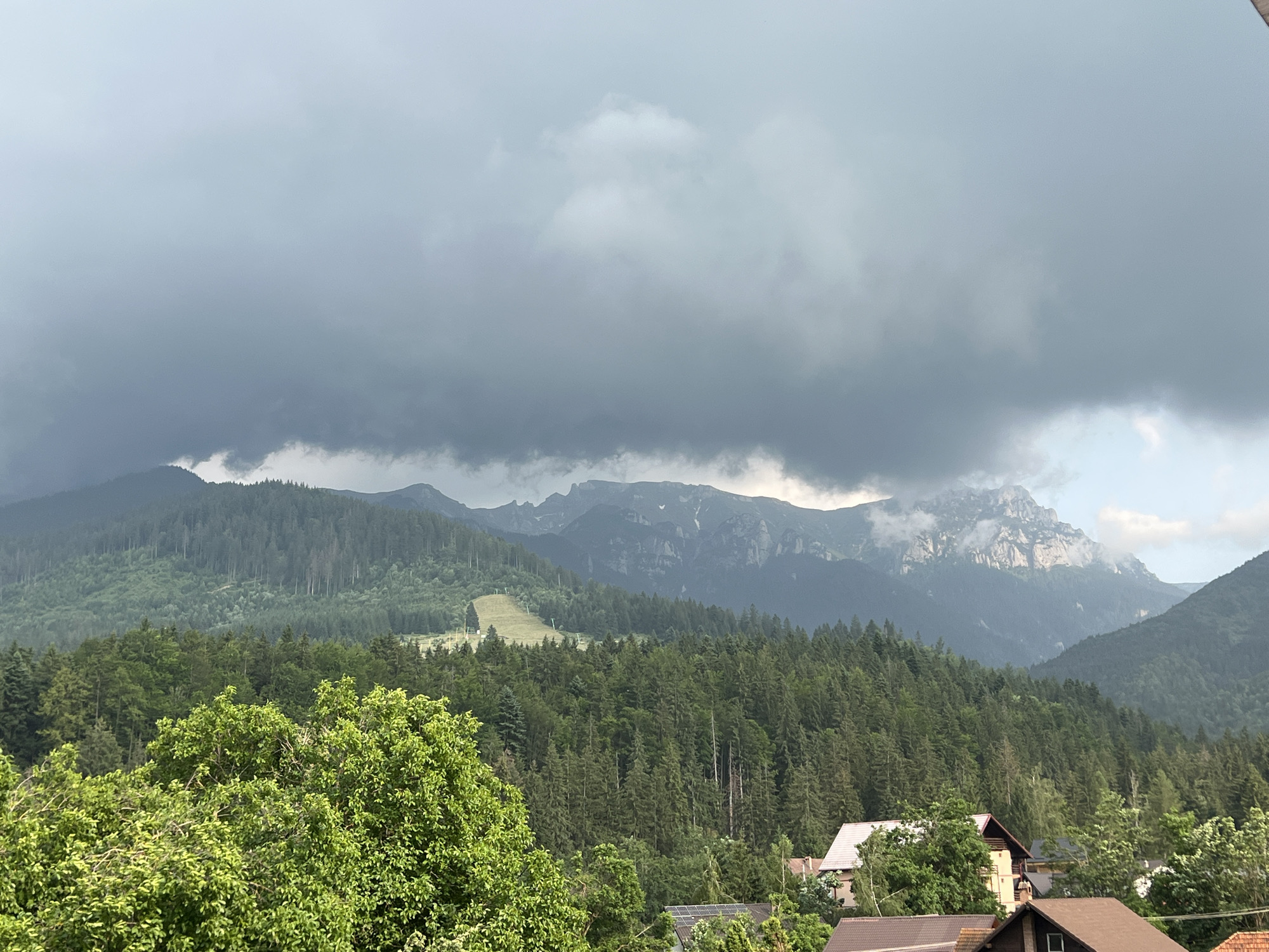 A wide-angle, landscape photograph captures a mountain range shrouded in dark, dramatic clouds, hinting at an approaching storm. The foreground is dominated by lush green trees, with a large, leafy tree in the lower left corner. Beyond the trees, rolling hills covered in dense evergreen forests lead to the imposing mountains. A clearing or a ski slope is visible on one of the hillsides, marked by a lighter green patch and some white lines.
In the lower part of the image, the rooftops of several houses peek through the trees. The architecture suggests a rural or semi-rural setting, with traditional sloped roofs. The time of day appears to be late afternoon or early evening, given the quality of light and the dark clouds. The overall mood is one of nature's power and impending weather change. No people are visible, and there is no visible text.
