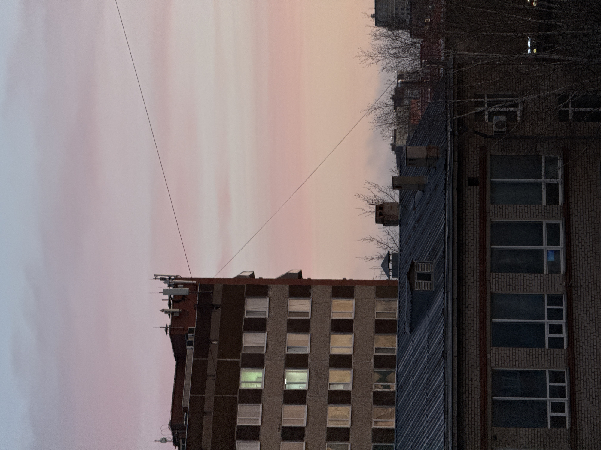The image shows a vertical cityscape in Perm, Russia, taken during either dusk or dawn, judging by the pinkish-grey sky. Two buildings dominate the view. The first is a taller building with numerous windows, some illuminated, suggesting residential or office space. The second building, adjacent to the right, appears to be made of brick with a slate roof and windows that suggest a multi-story building; an air conditioning unit is also visible. Bare tree branches are seen between the buildings, indicating it might be late fall or winter. An electrical wire bisects the upper part of the sky, running diagonally across the scene. No people are visible in the frame. The image exhibits a quiet urban scene, possibly taken from a ground-level perspective.