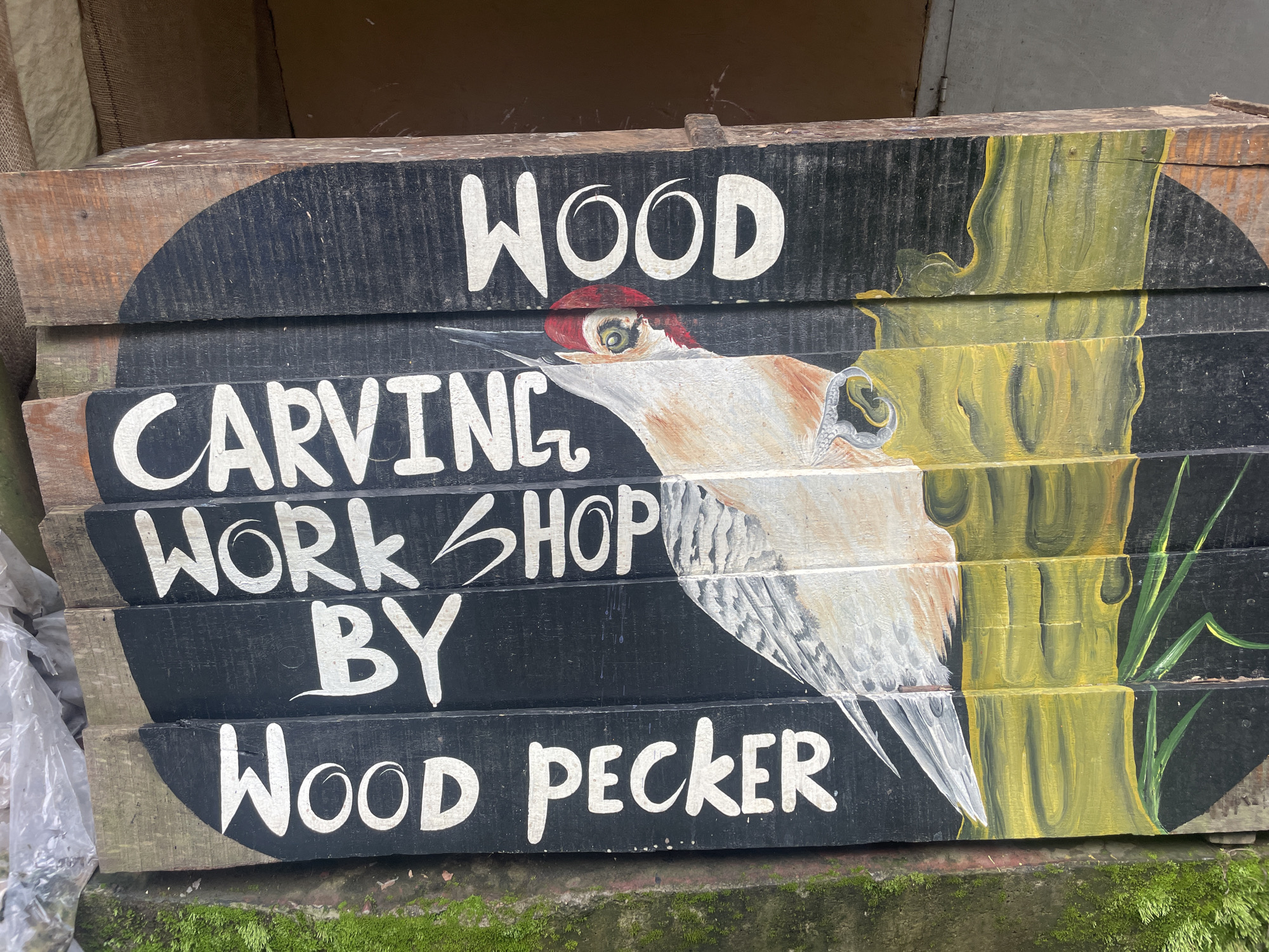 The image shows a hand-painted sign on stacked wooden planks in Bhagsu, India. The sign reads "WOOD CARVING WORK SHOP BY WOOD PECKER" in white, blocky lettering against a black background. The artwork features a detailed painting of a woodpecker with red and white plumage, a black beak, and its eye looking towards the viewer. The woodpecker is positioned in front of a depiction of a yellow, textured tree trunk and some green grass. The wooden planks themselves are weathered and rough, with some exposed natural wood and remnants of previous paint or markings. The background is blurred, suggesting an outdoor setting, possibly near foliage or a building. The overall impression is a rustic and artisanal advertisement.