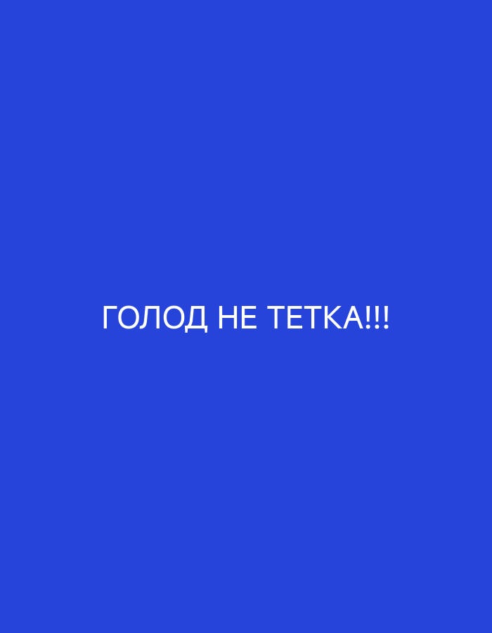 The image is a solid royal blue background with white text in the center that reads "ГОЛОД НЕ ТЕТКА!!!" in all capital letters. There is no discernible location in the city of Ninotsminda, Georgia, or any people, subjects, objects, actions, or interactions present in the image.