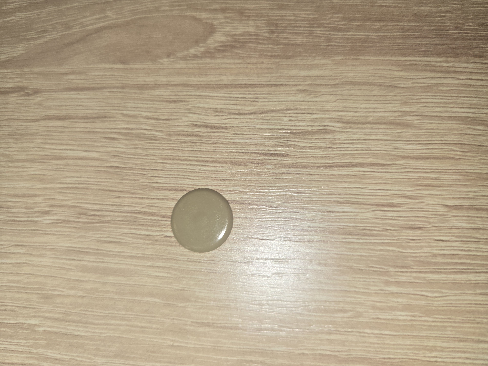 The image shows a single, circular, beige-colored object placed on a light brown, wood-grain textured surface. The object is small and appears to be made of plastic or a similar material. It is slightly reflective. The wood grain pattern on the surface runs vertically. There are no people, animals, or any other objects visible in the image. The scene appears to be indoors, possibly on a table or a shelf. There is no identifiable information that would allow for the location in Ulan-Ude, Russia to be determined.