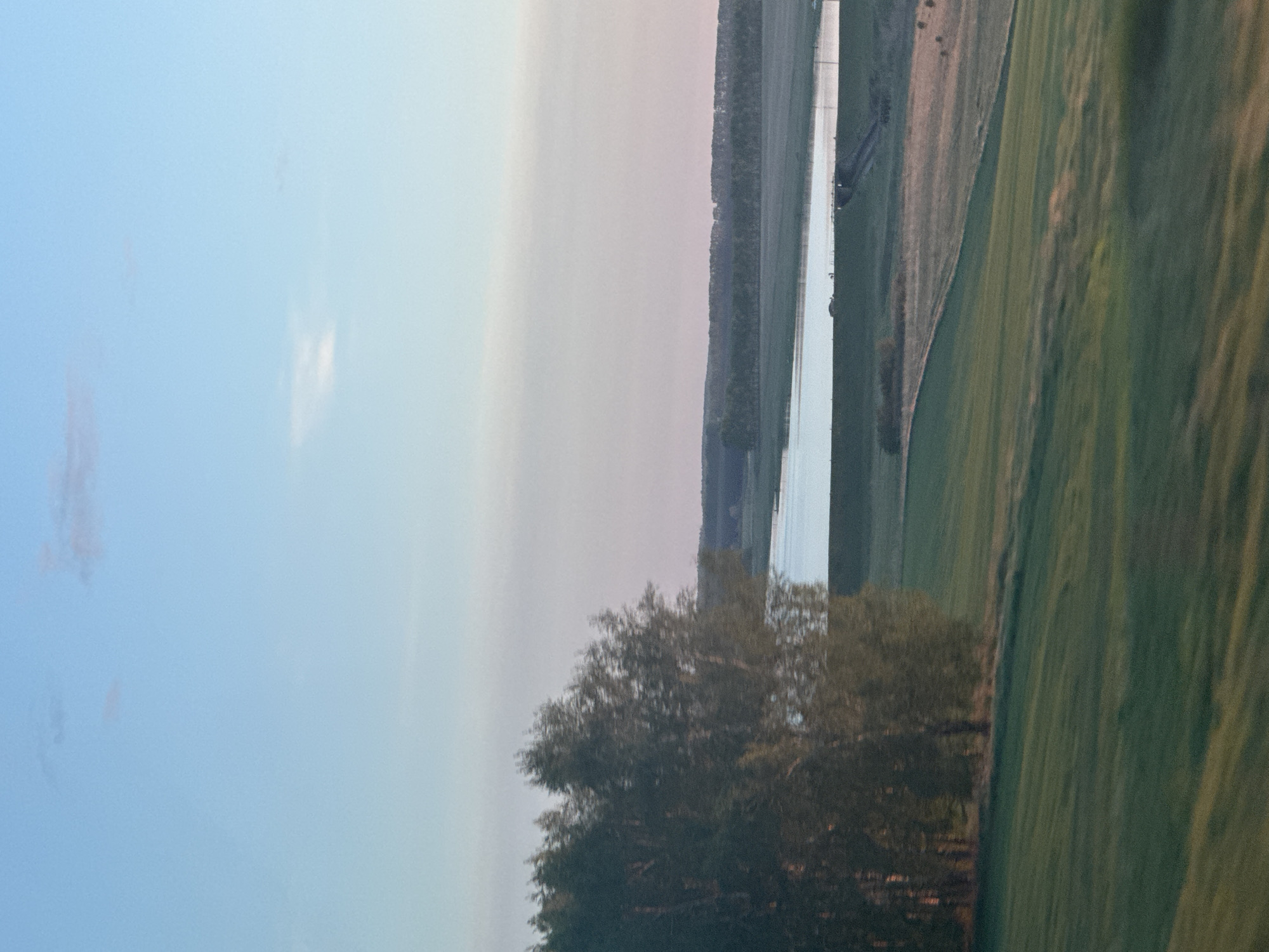 The image shows a landscape with a body of water bisecting a field of green on the right and a line of trees running alongside the water. The sky is light blue and pinkish. A group of trees is visible in the foreground. The location is Сыйрышбашево, Russia.