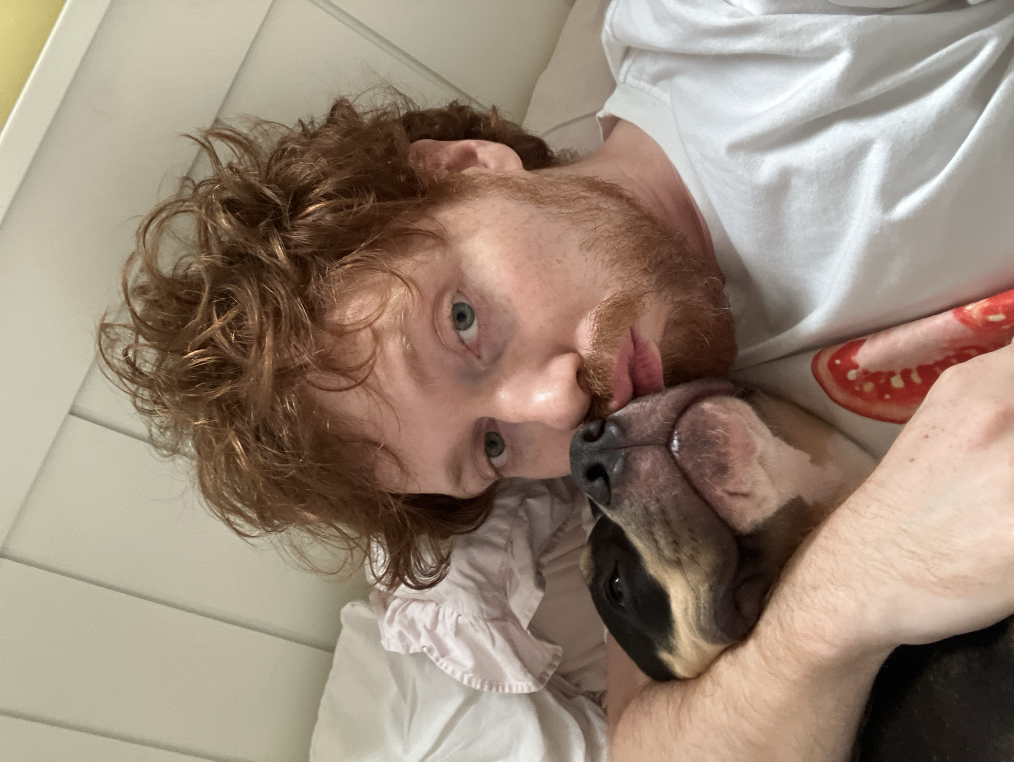 A man with red curly hair and a red beard is lying on a white bed, his head slightly tilted. He is wearing a white t-shirt. A dog with black and tan fur is pressed against his face, appearing to lick or kiss him. A tomato-patterned pillow is visible behind the dog. The setting appears to be indoors, possibly in a bedroom. There is no indication of Tel-Aviv, Israel in the image.