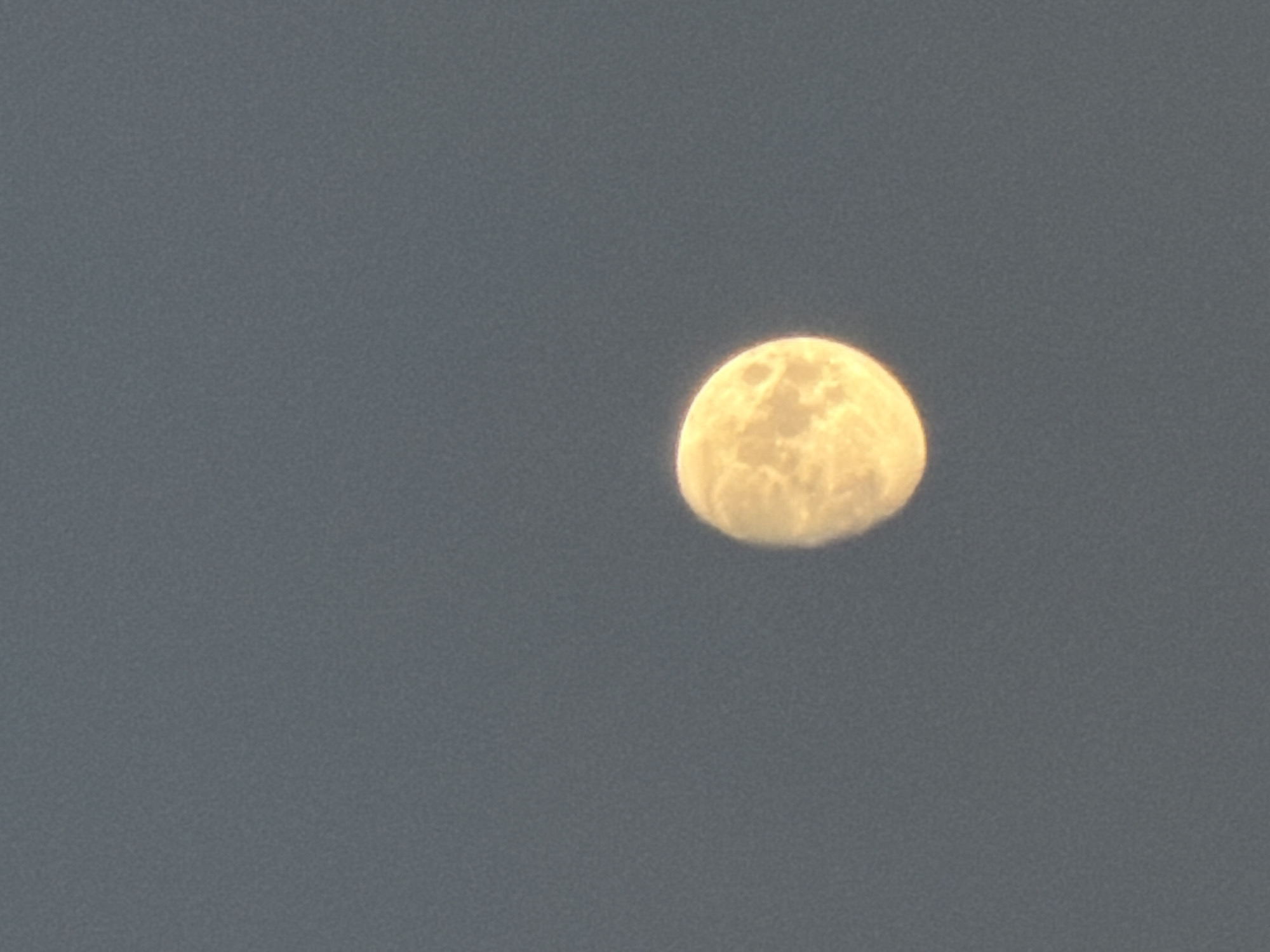 The image is a photograph of the moon against a dark, muted sky, likely taken in Oktyabrskiy, Russia. The moon, illuminated with a warm, yellowish glow, is a prominent object in the right half of the frame. Its surface shows subtle textures and craters, suggesting it is either full or nearly full. The sky is a uniform, dark gray, with no visible stars or clouds, which could indicate twilight or a clear, overcast night. There are no people or other objects in the frame, creating a solitary and serene atmosphere. The overall impression is one of natural beauty and the vastness of the night sky. The image is grainy, possibly due to low light conditions or the camera's settings.
