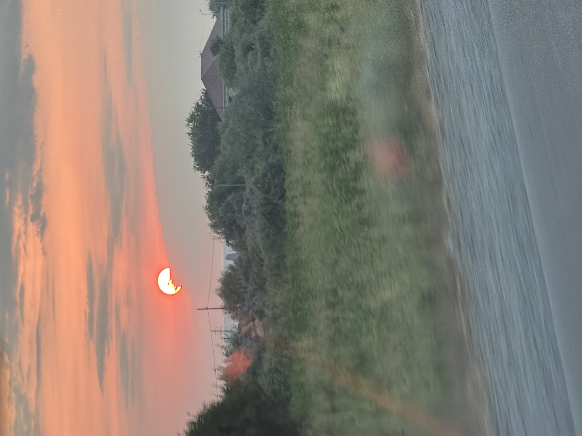 The image captures a sunset over a rural landscape near Qaratəpə, Azerbaijan. The sky is filled with hues of orange and pink, with scattered clouds. The sun, a bright orange disc, is partially obscured by clouds on the left side of the frame. In the middle ground, there is a dense area of green foliage, including trees and bushes. A residential building with a dark red roof is visible amidst the greenery. In the foreground, a field of tall, green grass appears blurred due to motion, suggesting the photo was taken from a moving vehicle. A grey, paved surface, likely a road, occupies the bottom of the frame. The overall scene depicts a tranquil, natural environment at dusk.