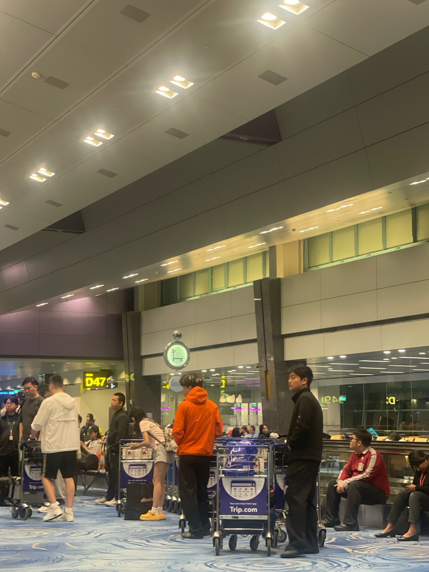 The image captures a scene inside an airport terminal in Singapore. Several individuals are standing and waiting, some with luggage carts. The environment features a high ceiling with multiple square light fixtures, a common characteristic of modern airport architecture. The floor is covered with a patterned carpet. A sign with "D47" is visible, likely indicating a gate or a zone. People are dressed in casual attire, suggesting travel. The lighting is a mix of overhead artificial lights, creating a well-lit but somewhat sterile atmosphere typical of an airport. The overall impression is one of transit and waiting.