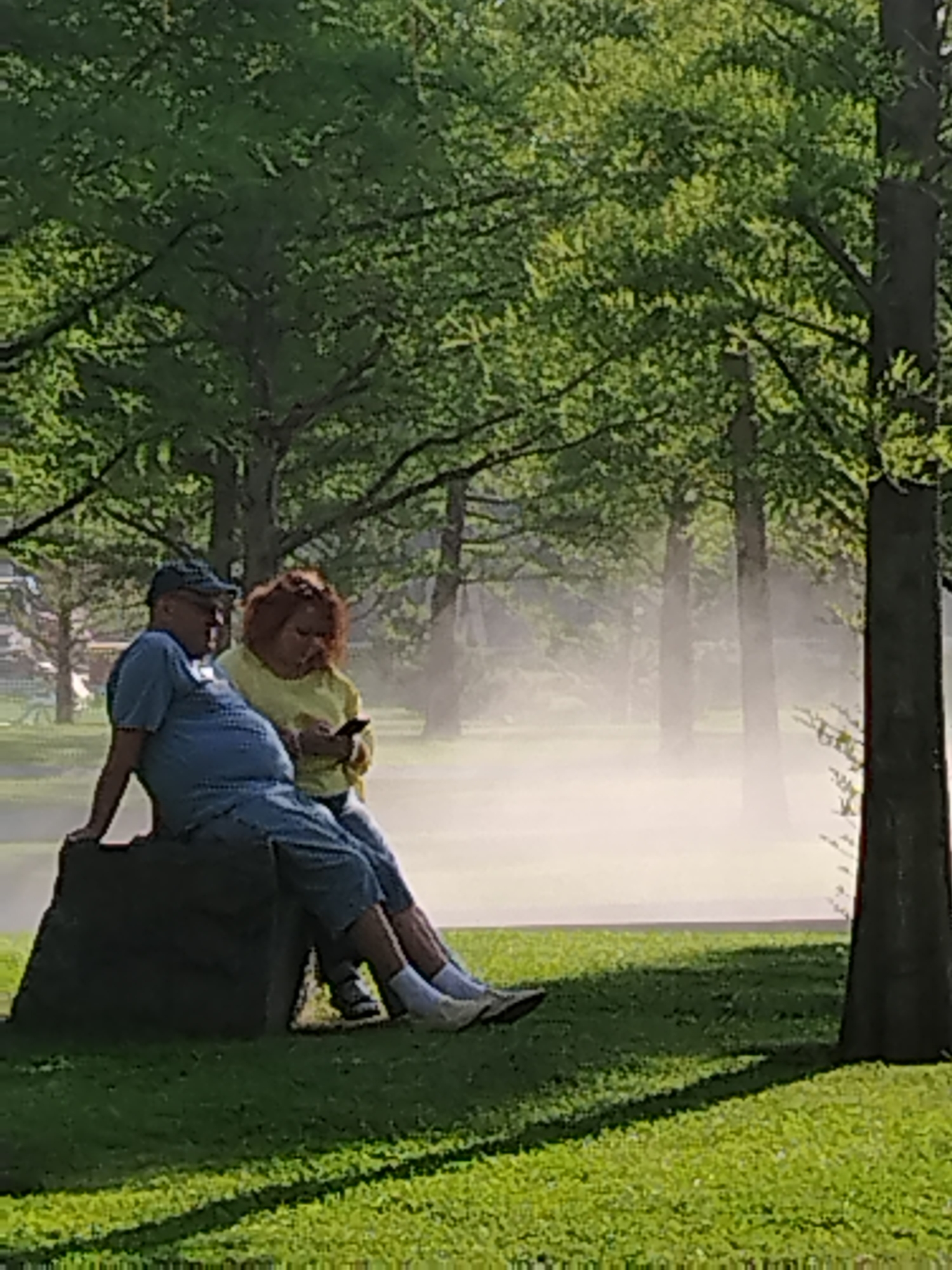 Two people are sitting on a rock in a park. The person on the left is a man wearing a blue shirt, blue shorts, and a hat. He is leaning on the rock with his left arm. The person on the right is a woman with red hair wearing a yellow shirt. She is looking at a phone in her hands. The background shows trees and a light mist. The image was taken in Krasnodar, Russia.