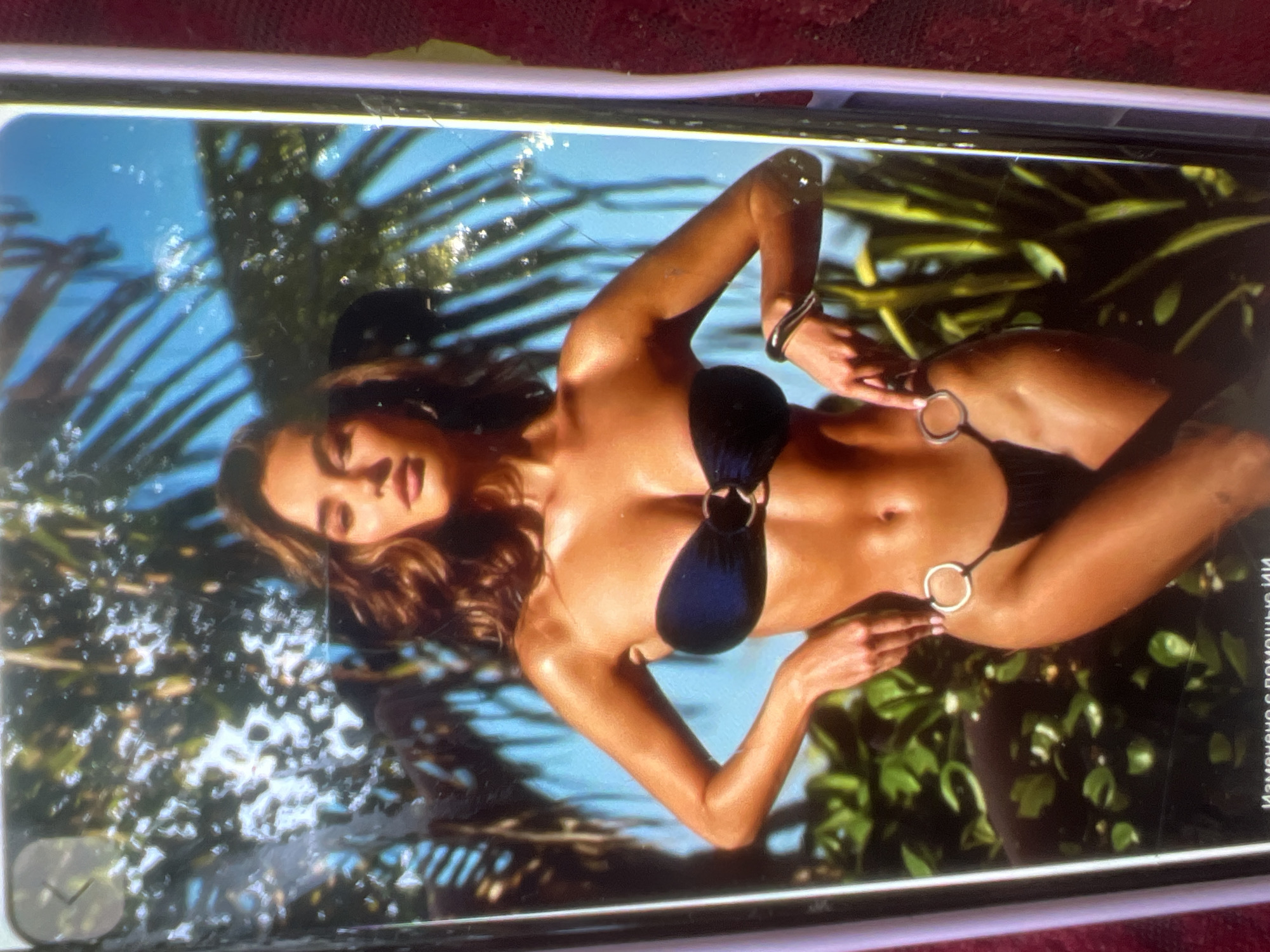 A woman in a black bikini poses outdoors, set against a backdrop of palm trees and lush greenery. She is looking to her left with a slight smile. The image appears to be a photograph of a screen displaying the woman. The location is not identifiable within the image.