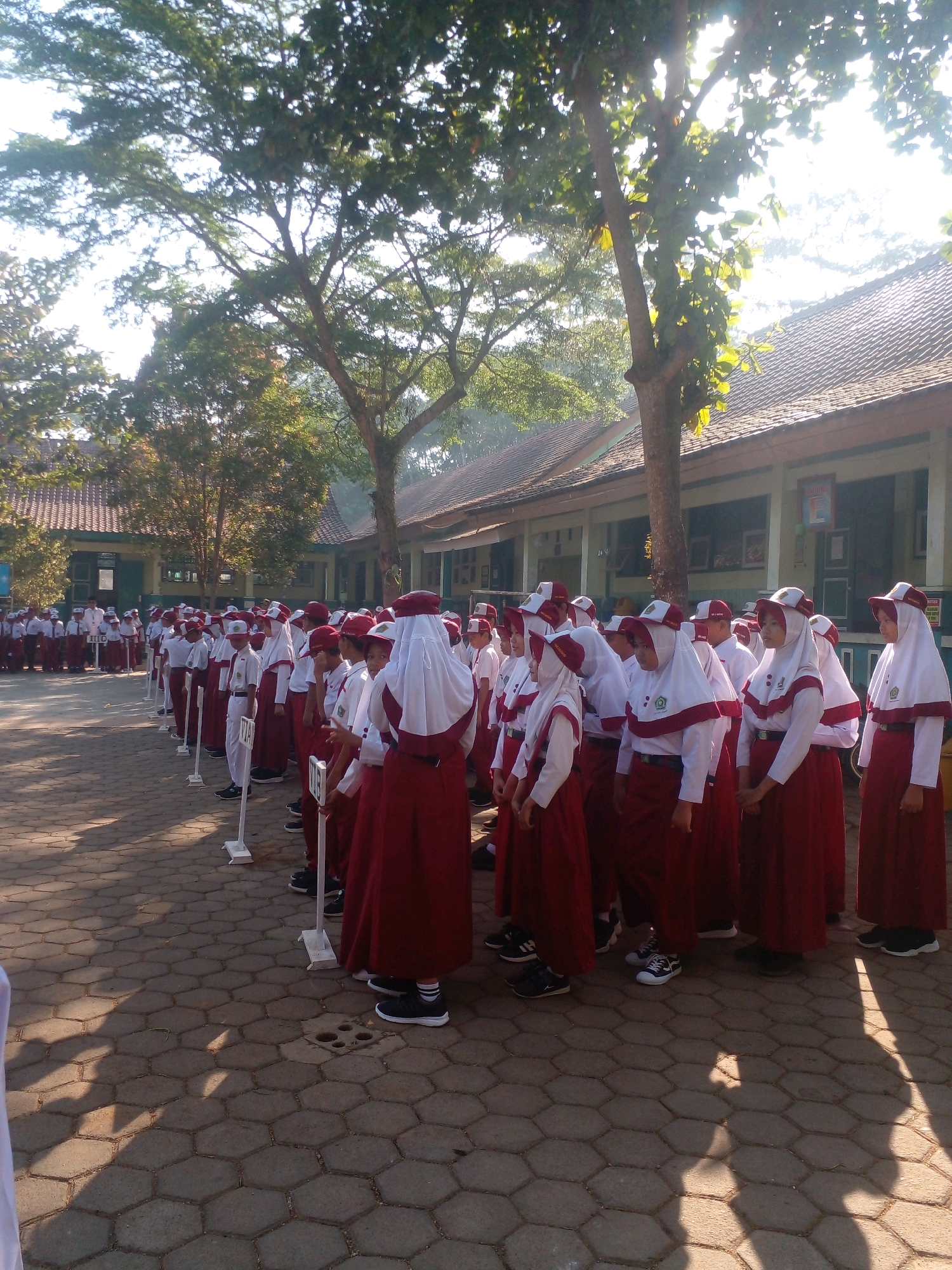 The image depicts a group of students in uniform, standing in rows on a paved courtyard. The students are wearing red skirts or trousers, white shirts, and white hijabs or caps with red trim. Many of the students are also wearing white vests over their shirts. They appear to be participating in an outdoor event, possibly a school assembly or ceremony. White signs with numbers are placed in front of some of the students, suggesting organization or grouping.
In the background, there is a building with a tiled roof, characteristic of school architecture. Several trees with green foliage are visible, with sunlight filtering through their branches, creating dappled shadows on the ground. The paving stones are hexagonal in shape. The scene is bathed in natural light, indicating it is daytime, likely morning due to the angle of the sun and the clear sky.
The location is identified as the city of Banyuputih, Indonesia. The overall impression is of a well-ordered gathering of students in an educational setting under pleasant weather conditions.
