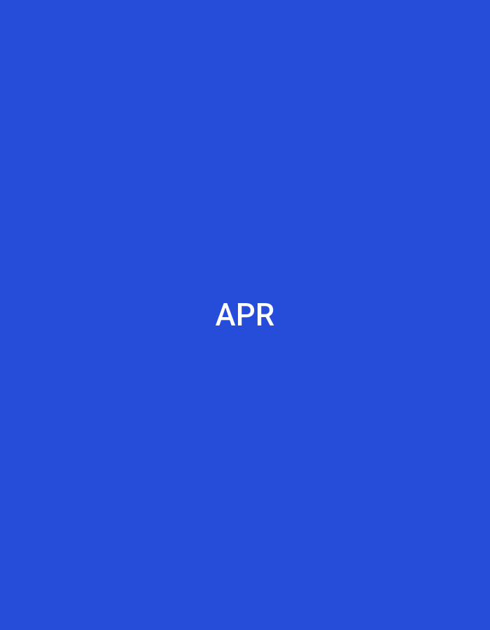 The image displays a digital graphic with a solid royal blue background. Centrally positioned on this background is the text "APR" rendered in white, uppercase, sans-serif font. No other subjects, objects, or environmental elements are depicted. This graphic is presented within the context of Casablanca, Morocco.