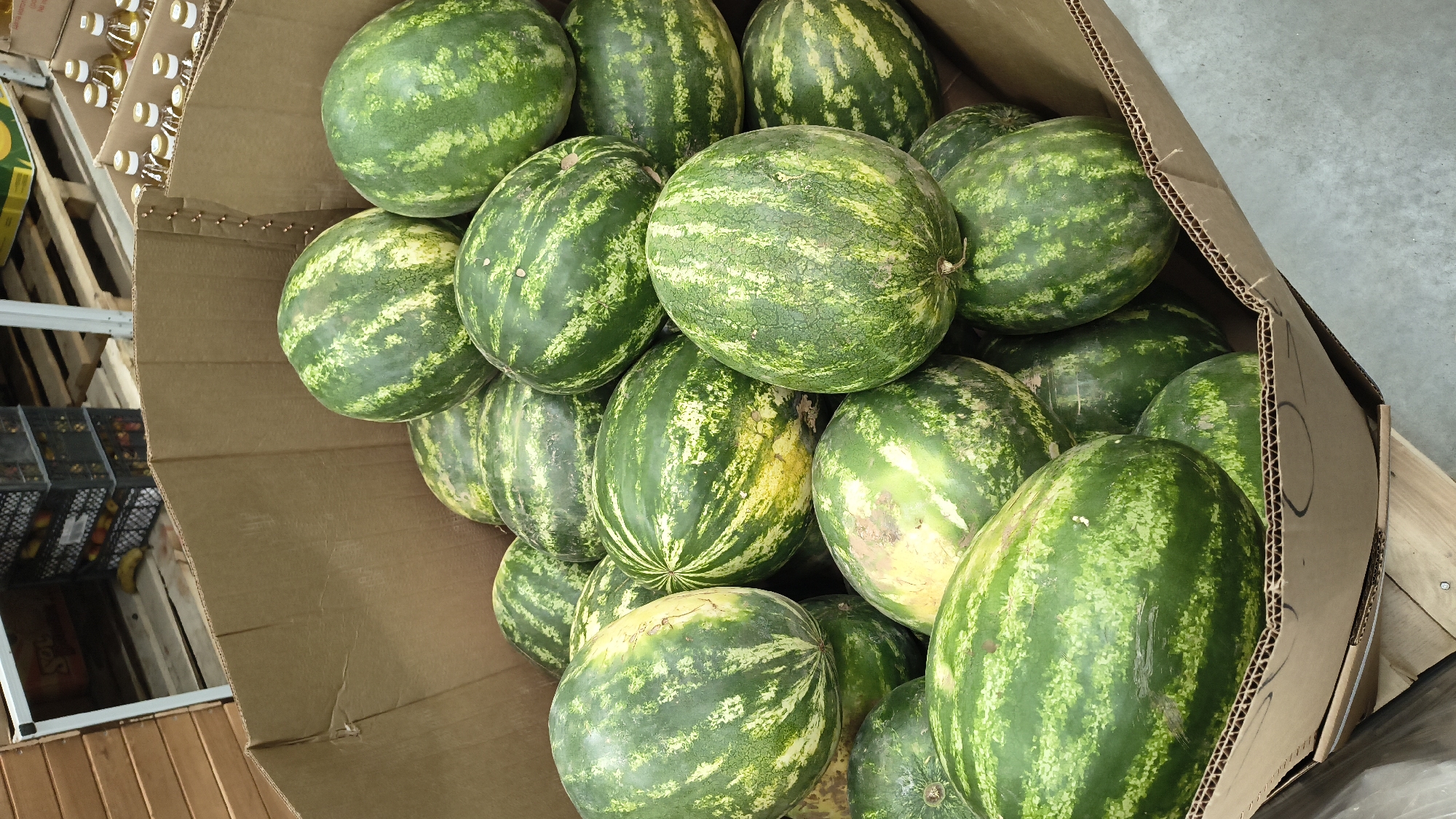 A cardboard box overflows with a large pile of ripe watermelons. The watermelons are predominantly green with darker green stripes, and some display yellow patches where they rested on the ground. The box itself is made of corrugated cardboard and is partially filled, revealing the texture of the material. In the background, a wooden pallet is visible, stacked with plastic crates containing what appear to be fruits or vegetables. Further in the background, several bottles of what seem to be cooking oil are arranged on a surface. The scene suggests a retail or wholesale setting, possibly a market or a grocery store. The image does not contain any people or animals. The lighting appears to be ambient, indicating an indoor environment, possibly a warehouse or a covered market. The location in Mikhaylovka, Russia, is not directly evident from the visual cues within the image itself.