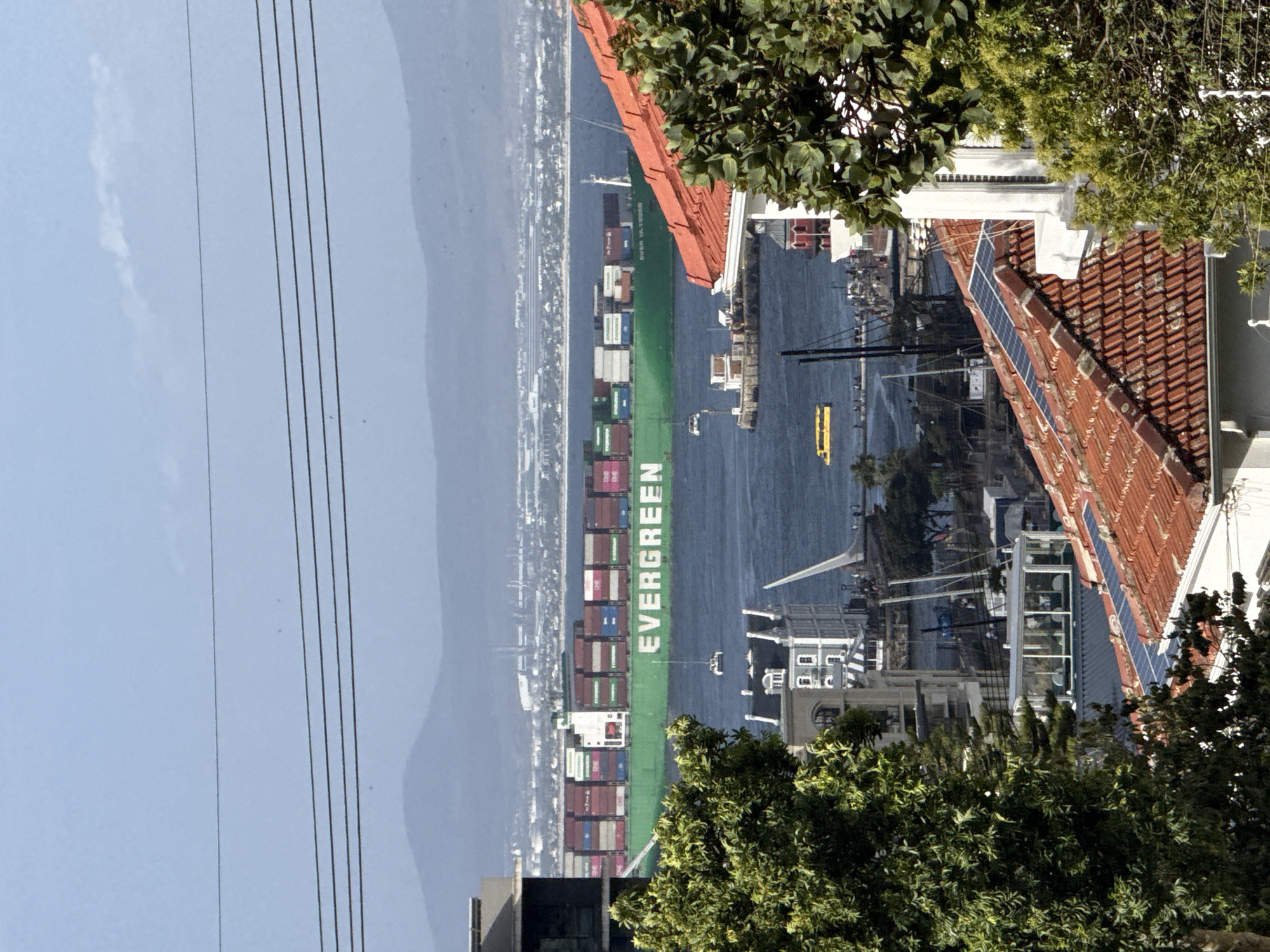 The image depicts an "EVERGREEN" container ship docked in a harbor with the city of Cape Town, South Africa in the background. The ship is green with stacked shipping containers. Utility lines are visible in the foreground, along with buildings with terracotta roofs and solar panels. Trees partially obscure the buildings and waterfront. The overall scene is viewed from an elevated perspective.