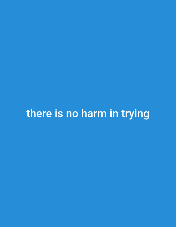 A blue background fills the frame with the white text "there is no harm in trying" centered on the screen.