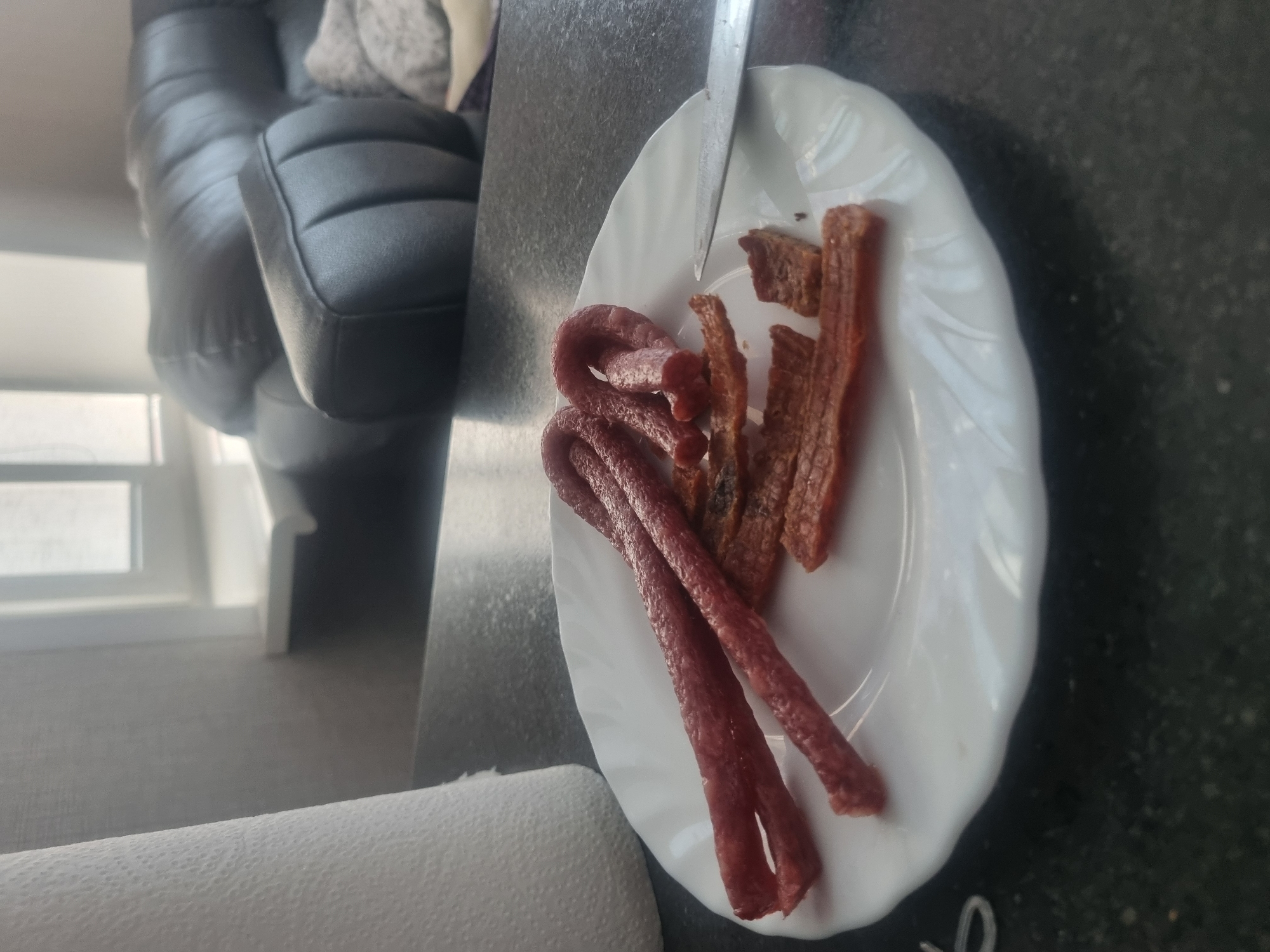 A white plate of jerky and meat sticks is placed on a dark speckled countertop. In the background, a roll of paper towels stands to the left, and a dark leather couch is visible to the right. Sunlight streams in from a window in the upper right corner. No people are present. The scene appears to be indoors, likely in a residential setting. There is no information to suggest a specific location in Samara, Russia.
