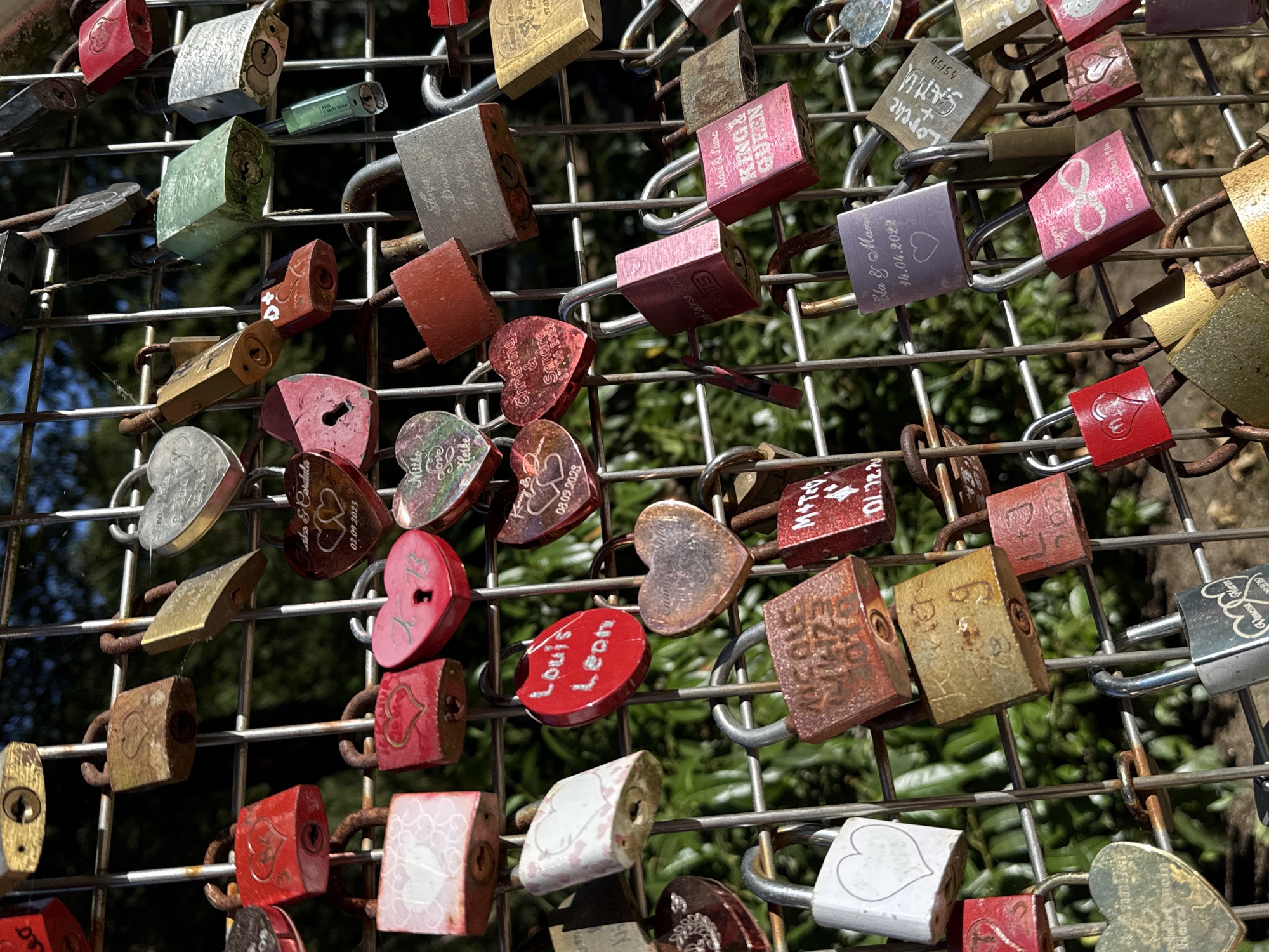 This is a close-up, eye-level, outdoor photograph of a fence covered in numerous engraved love locks in Bad Sachsa, Germany. The locks are of various shapes, colors, and sizes, predominantly heart-shaped and rectangular, and are affixed to a metal wire fence. Many of the locks bear engraved inscriptions, including names and dates. The background consists of lush green foliage and some dappled sunlight, suggesting a natural, possibly park-like setting. The focus is entirely on the collection of locks, with the fence acting as a backdrop and support structure.