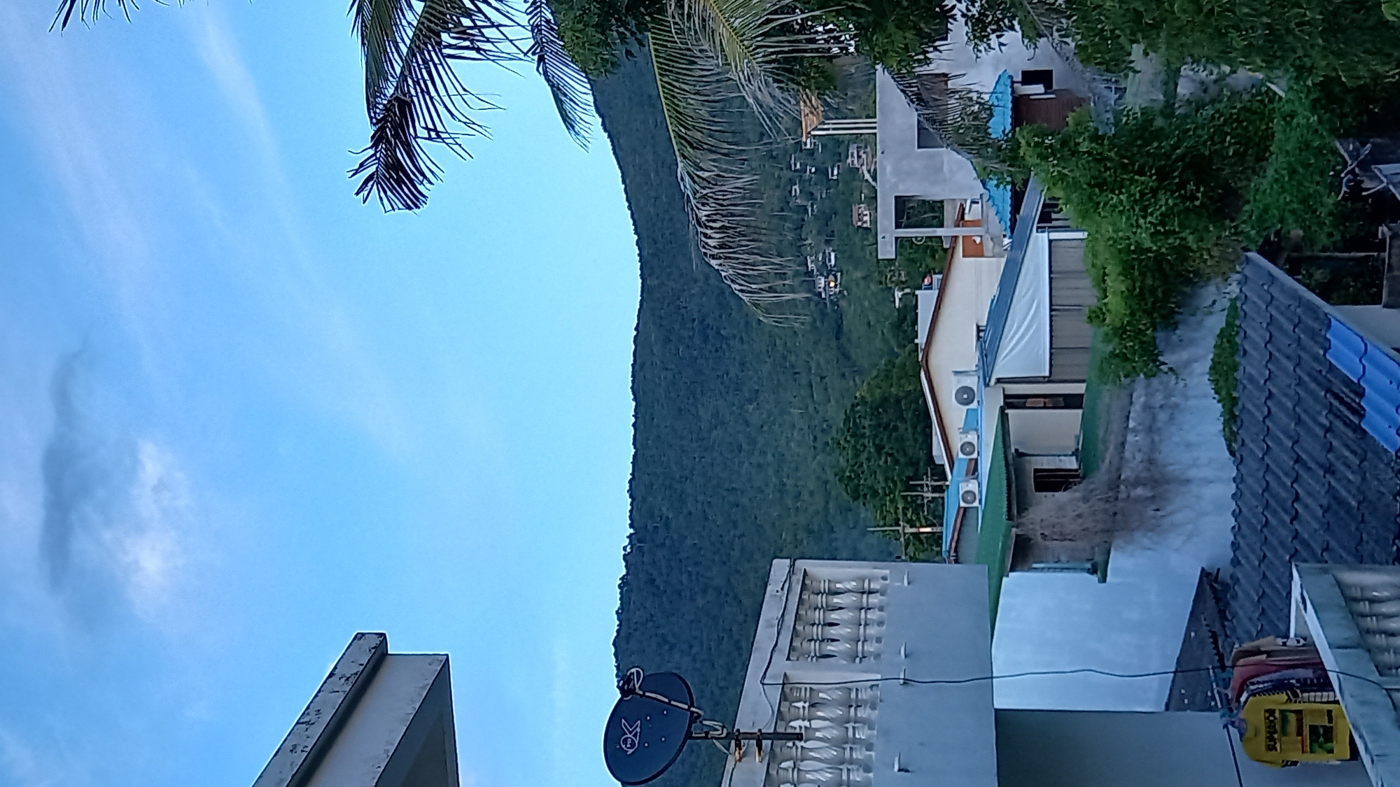 This is a vertically oriented, somewhat blurry, medium shot of a tropical mountainous landscape with some buildings. The scene appears to be in a coastal area, possibly Thailand, given the location context. The sky is a pale blue with some wispy clouds, suggesting either early morning or late afternoon light.
The main subject is a lush, green, heavily forested mountain that dominates the left side of the frame, sloping downwards. Part of a palm tree frond is visible in the upper left corner, adding to the tropical feel.
Below the mountain and to the right, several buildings are visible, nestled amongst the trees. These appear to be a mix of residential or perhaps resort-style structures with light-colored walls and various roof types, including some with blue corrugated metal roofing. Air conditioning units are visible on one of the buildings. In the foreground, there are more buildings, including a concrete structure with a patterned wall and a satellite dish mounted on a pole. The satellite dish is dark blue and has a circular logo with what appears to be a stylized 'K' inside a circle.
There are no people visible in the frame. The scene is static and appears to be a view from a slightly elevated position, looking out towards the mountain and the built environment. A yellow bag with some visible text is leaning against a building in the lower right corner. The text on the bag appears to be "SUMMOC" or similar, and there are some illegible graphics.
The overall impression is a peaceful, natural setting integrated with human habitation in a tropical environment.