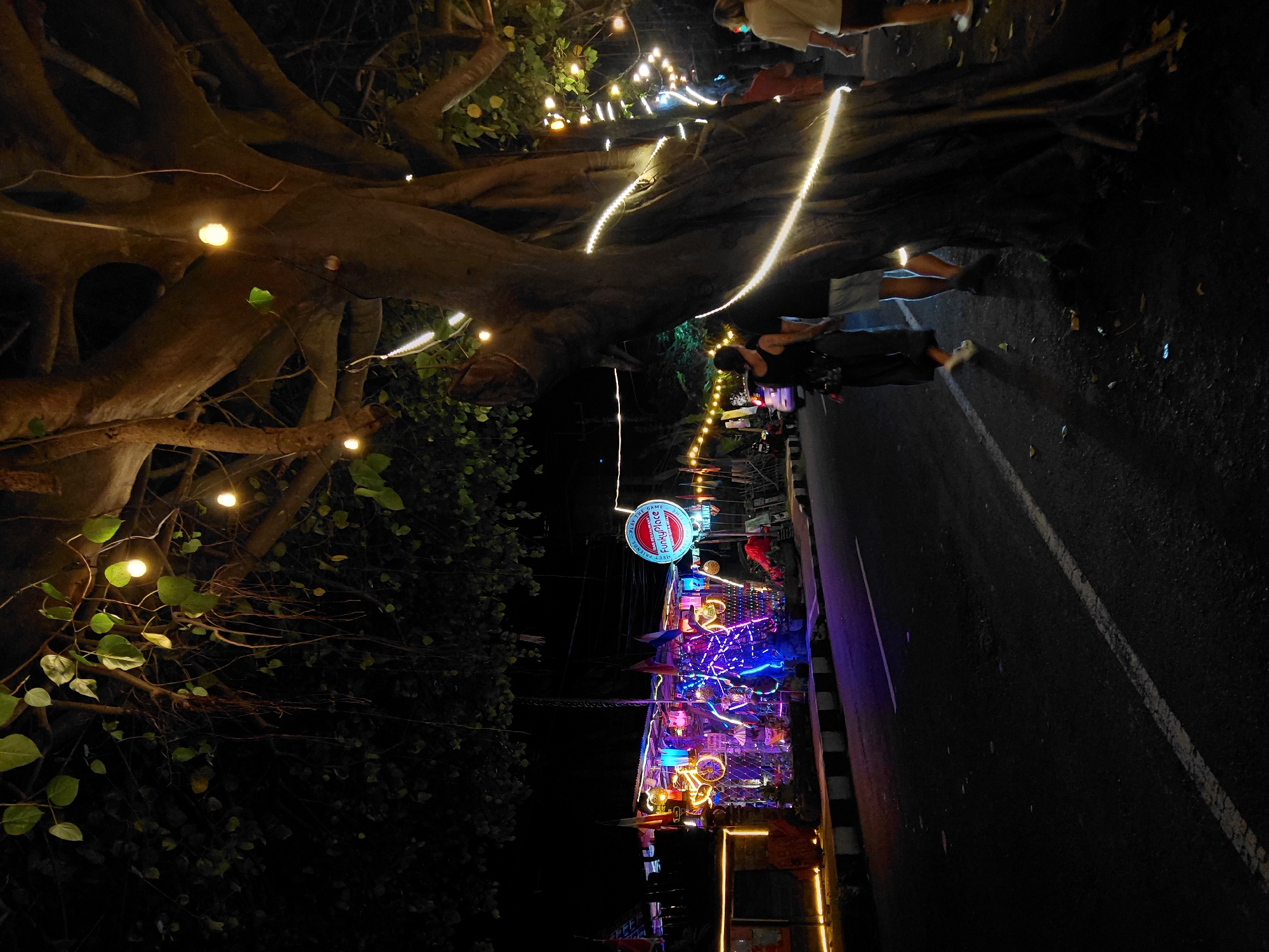 The image depicts a night scene in Banjar, Indonesia, where a large, old tree with intricate roots is adorned with strings of warm, yellow fairy lights. These lights illuminate the branches and the surrounding dark foliage. The tree's massive trunk and exposed root system dominate the left side of the frame, creating a dramatic backdrop.
On the right side of the image, a road runs parallel to the tree. Along the roadside, there's a vibrant display of activity. Multiple strings of colorful lights, primarily in shades of blue and purple, illuminate a structure that appears to be a market stall or an outdoor seating area. This area is bustling with people, though their faces are not clearly discernible in the dim light. Some individuals are walking along the road or near the stalls.
A circular red and white sign with text is visible above the illuminated stalls. The text on the sign appears to read "FUNPLACE" and "PLAYGROUND". The overall atmosphere is festive and lively, suggesting a community gathering or a night market. The time of day is clearly night, and the weather appears to be clear, allowing for outdoor festivities. The setting suggests an urban or semi-urban environment in Banjar, Indonesia. The emotions conveyed are those of enjoyment and celebration, amplified by the festive lighting and the presence of people enjoying the night.
