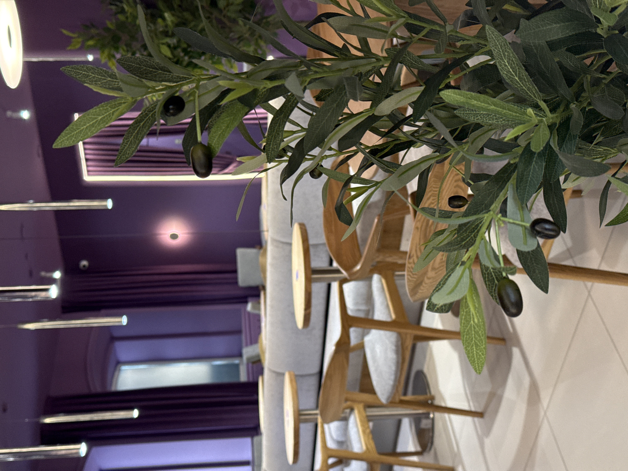 A distorted, vertically oriented image shows a purple-walled interior, likely a cafe or restaurant, in the city of Krasnoyarsk, Russia. The foreground is dominated by artificial olive branches with olives, which appear to be placed in pots on tables. The furniture consists of light gray couches and light wood chairs and tables. The perspective is tilted and skewed, giving a disorienting view of the interior. The color palette is primarily composed of purples, grays, and wood tones. Artificial lighting is visible in the ceiling, and natural light appears to come from windows along the left side. The scene is static, with no observable actions or interactions.