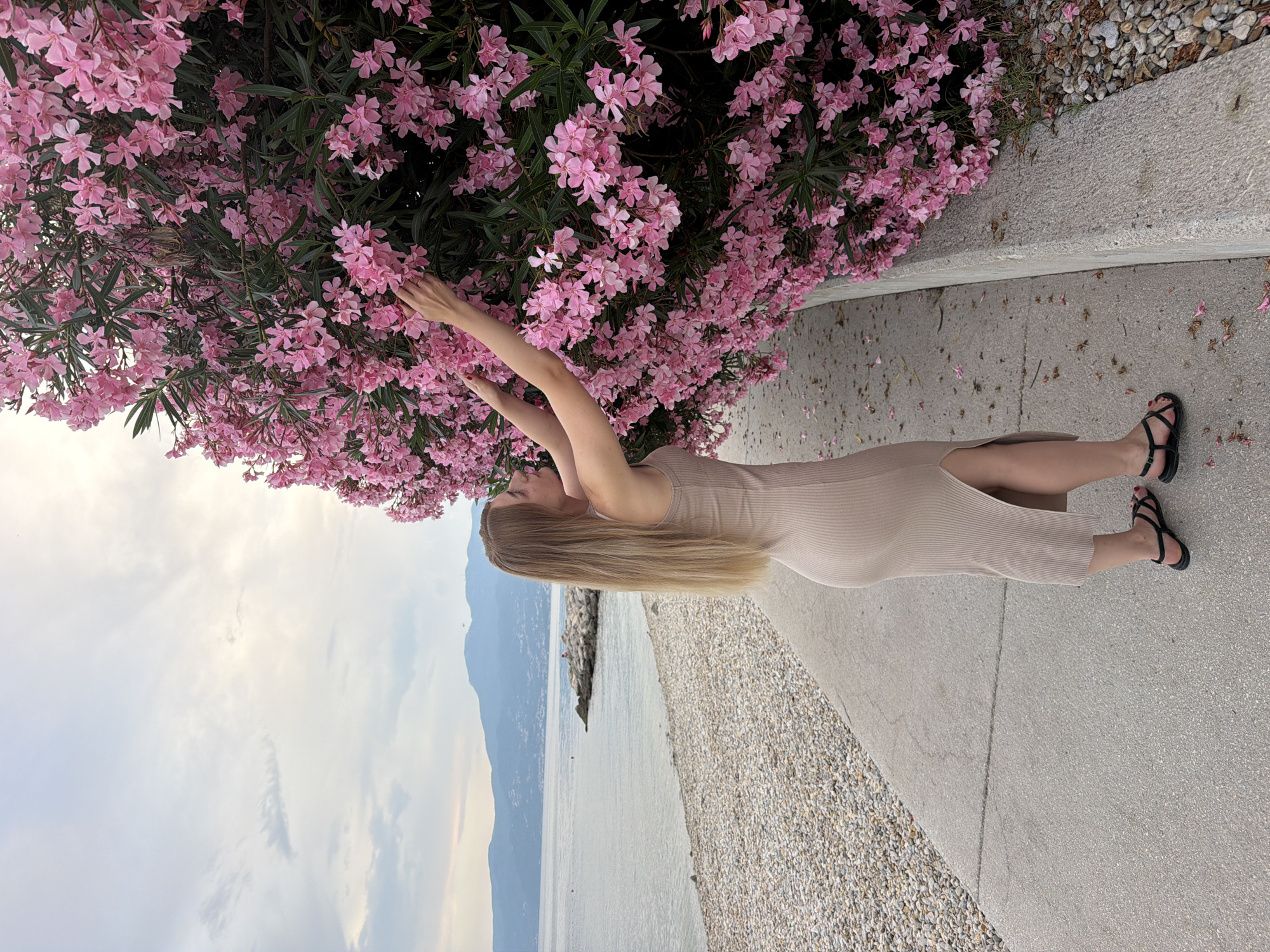 A woman with long blonde hair, wearing a tan, form-fitting, sleeveless dress with a thigh-high slit and black sandals, stands on a concrete walkway next to a large bush of pink oleander flowers. She is reaching out to touch the flowers with both hands. The walkway is bordered by a pebble beach and the sea. In the background, mountains are visible across the water under a cloudy sky.