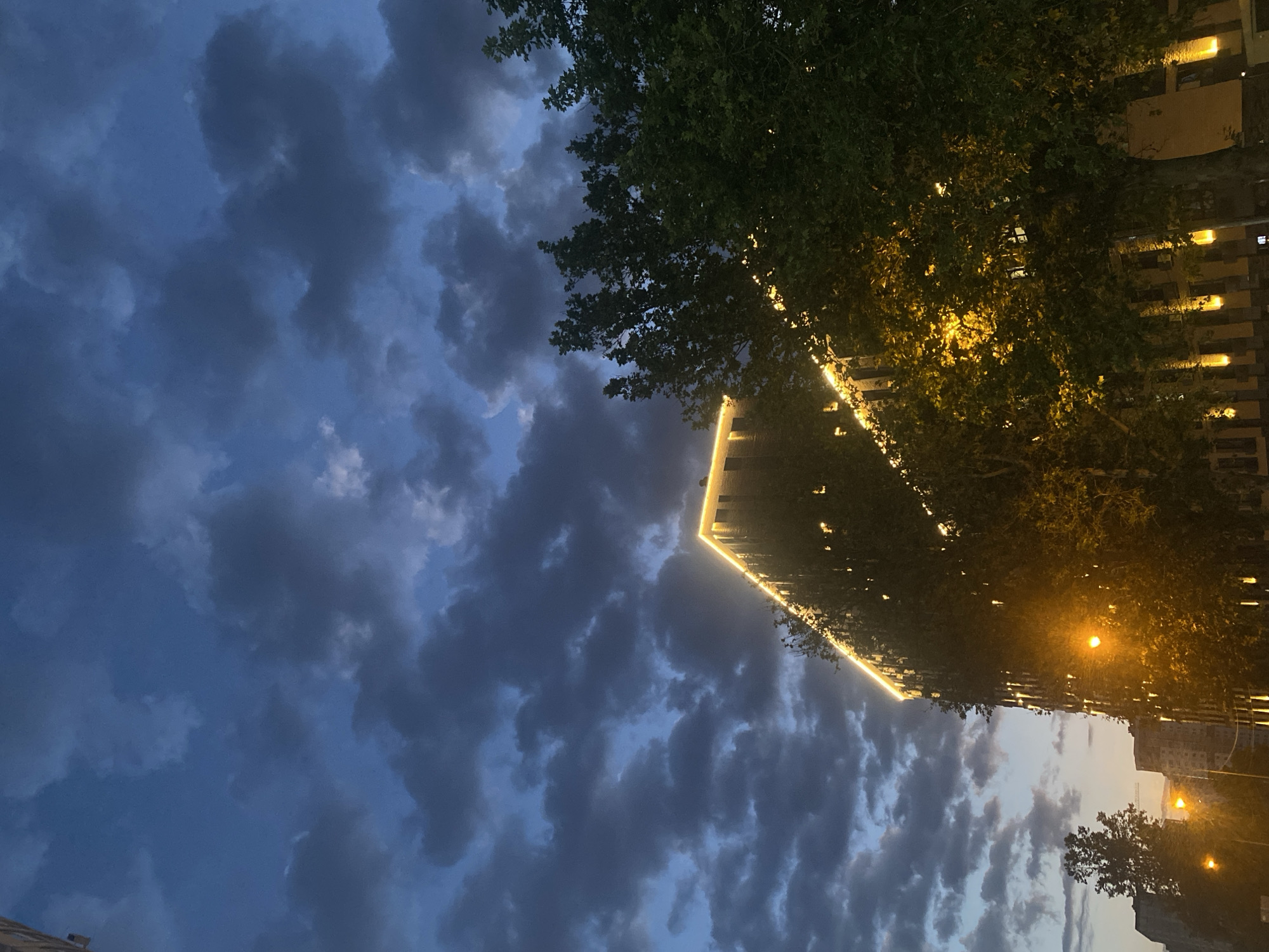 A low-angle, wide shot captures a modern building and trees against a cloudy twilight sky in an urban environment. The building, predominantly seen from its side profile, is illuminated by a strip of warm yellow lights along its upper edge and smaller, vertical yellow lights on its facade. Lush green trees with dense foliage flank the building, their leaves catching the artificial light, creating a dappled effect. In the lower portion of the image, streetlights emit a bright orange glow, casting long shadows. In the background, the silhouettes of other urban structures are visible, suggesting a city setting. The sky is a deep blue, with dramatic, dark clouds that create a sense of depth and atmosphere. The overall impression is of an evening scene in a city, with a contrast between natural elements and man-made structures and lighting.
