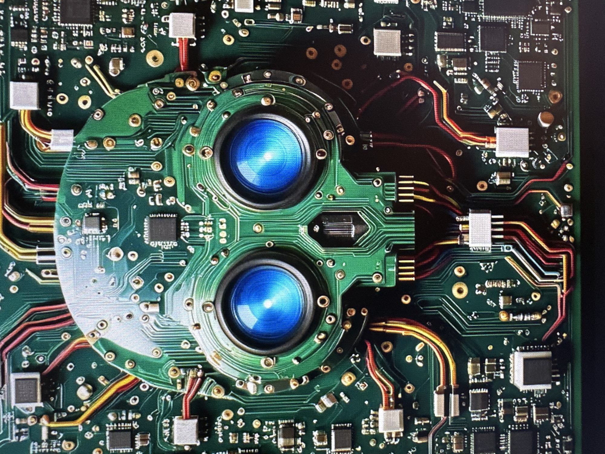 The image is a close-up, high-angle, full shot of a skull-shaped circuit board. The skull's head is formed by a large green circuit board, with its eye sockets replaced by bright blue, circular lenses, resembling camera lenses or LED lights. The nose and mouth are also integrated into the circuit board's design, with visible solder points and metallic connections. Various smaller electronic components, such as chips and resistors, are scattered across the green board, representing the skull's texture and features. Colorful wires, predominantly red, yellow, and orange, are connected to different parts of the circuit board, resembling veins or circuitry, and snake around the skull. The background is a dark, indistinct area, suggesting the circuit board is the sole focus. The overall impression is that of a futuristic or digital representation of a skull, possibly a piece of art or a conceptual rendering of artificial intelligence or technology. The location is Unknown, Unknown.