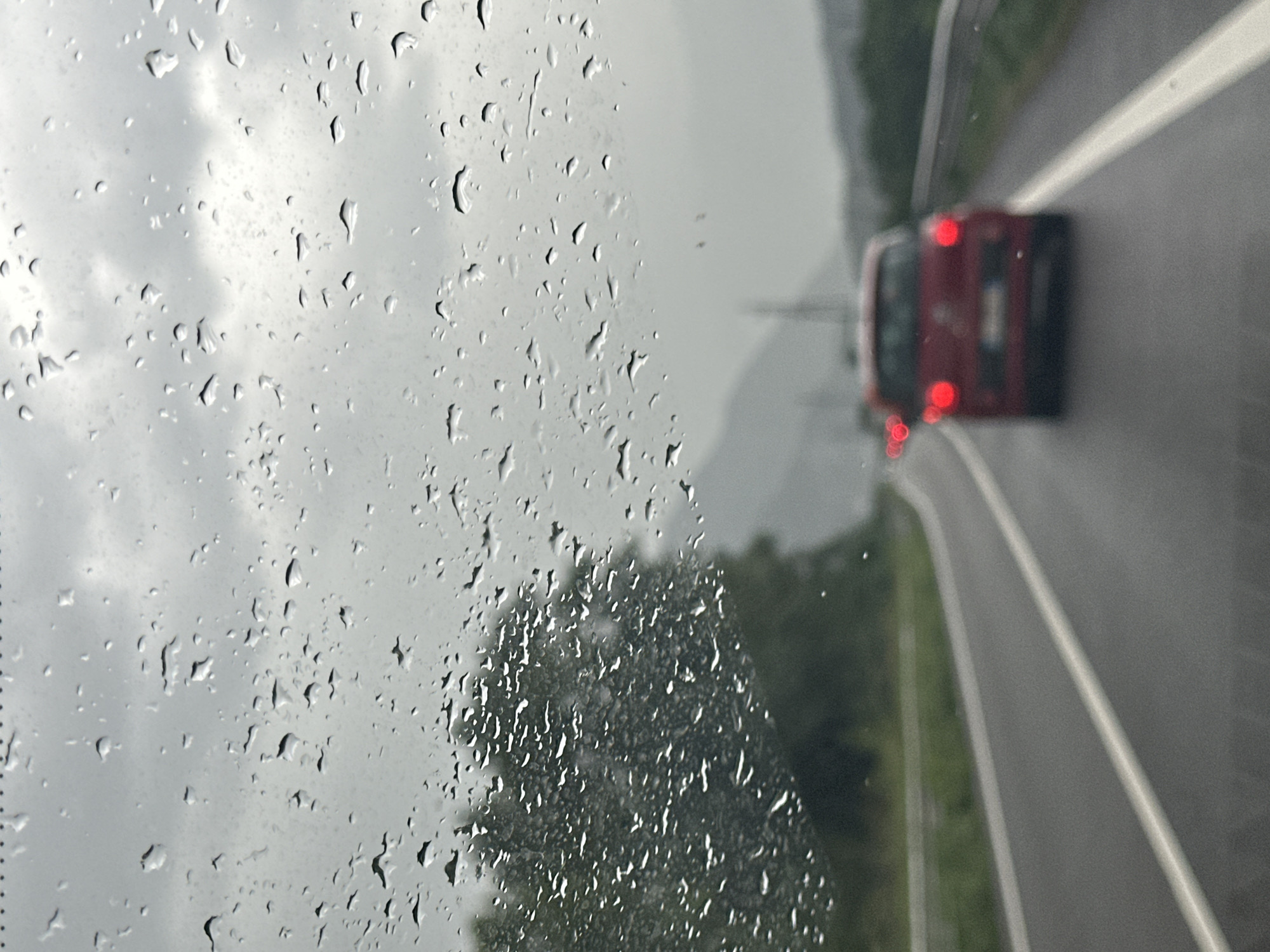 The image depicts a view through a rain-streaked windshield of a car on a highway. The scene is overcast with visible raindrops on the glass. A red car is in the distance, driving on the same highway. The highway has white lane markings and a metal guardrail along the side. To the left, there is a dense green tree line. In the far distance, mountains are visible through the mist and rain. The overall impression is a gloomy, rainy day on a highway, potentially near Esine, Italy, given the mountainous terrain often found in the region.