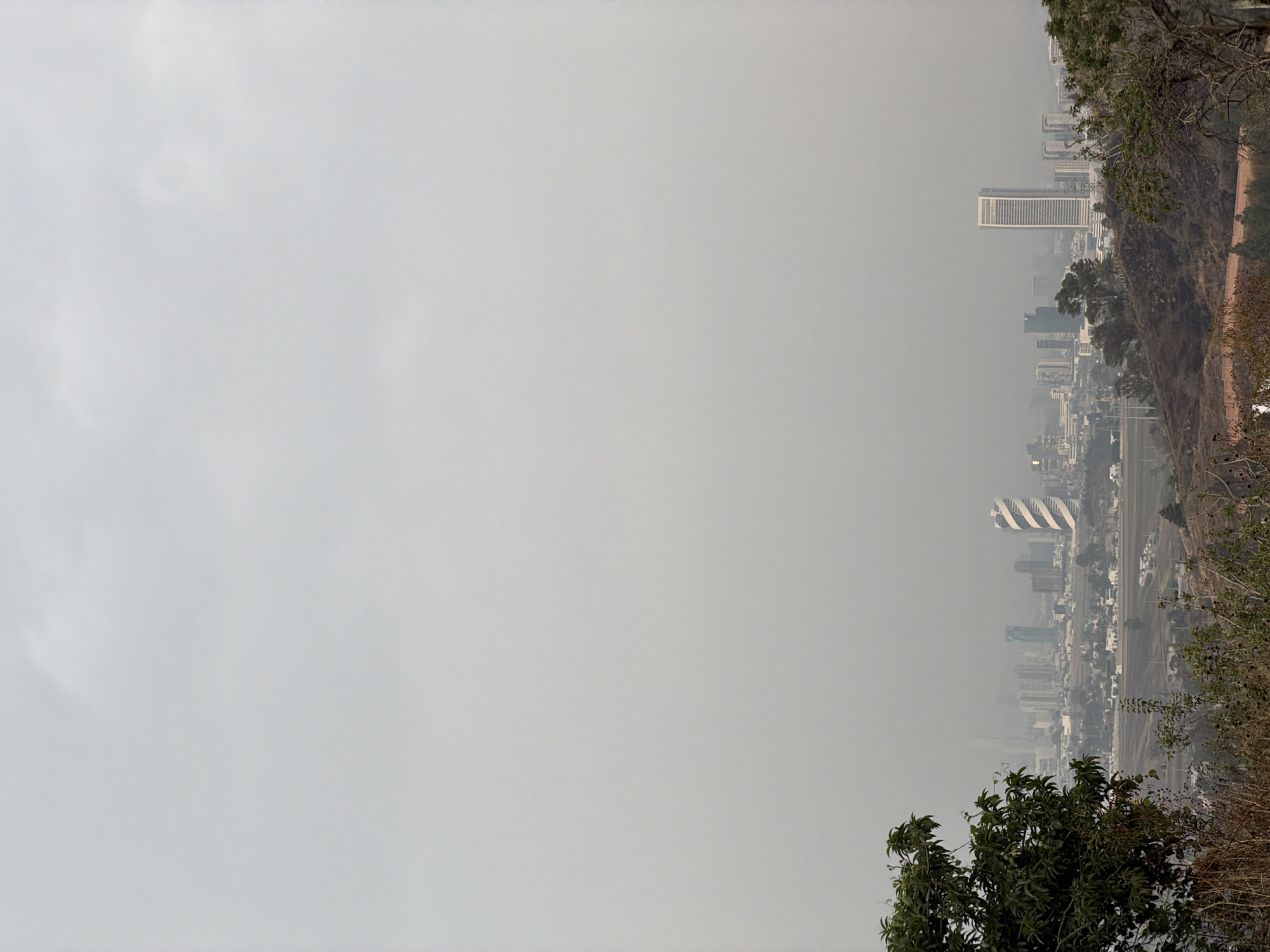 The image shows a hazy cityscape in Santa Clara Ocoyucan, Mexico. Tall buildings are visible in the distance, partially obscured by smog or fog. In the foreground, there is vegetation, including trees and shrubs, on a slope overlooking the city. The sky is overcast and uniformly grey. A unique building with a spiral design is visible among the skyscrapers.