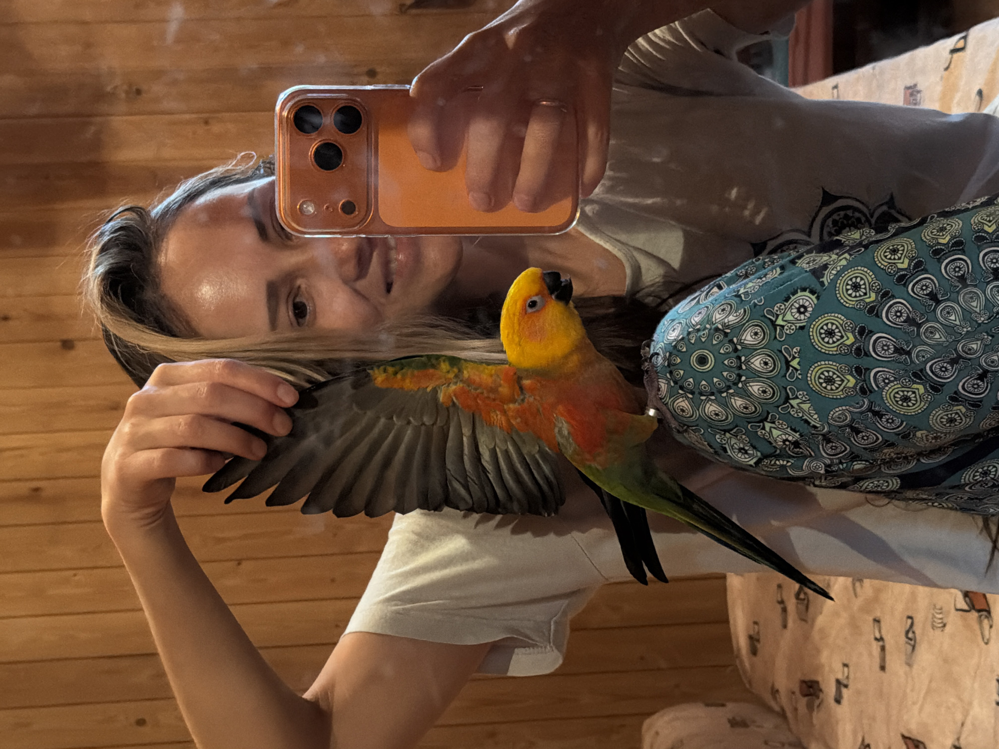 A person, reflected in a mirror, holds a phone in their right hand to take a picture. The person's left hand is extended upwards, holding the wing of a sun conure parrot. The parrot is positioned on the person's right thigh, its body facing left and its head facing forward. The parrot has yellow and orange plumage on its head and chest, green on its wings and tail, and is looking towards the left. The person is wearing a white t-shirt and patterned leggings with a teal background and white and yellow paisley-like designs. The background consists of wooden paneled walls. A bed with a patterned duvet is visible in the lower left corner of the frame. The scene appears to be indoors. The location is the city of Udelnaya, Russia.