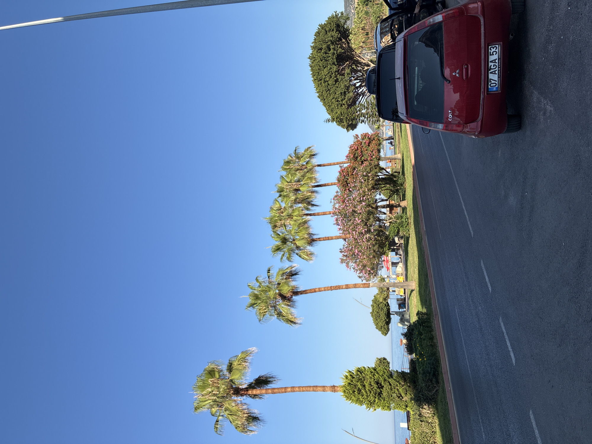 The image depicts a street scene in Alanya, Turkey, with a clear blue sky. Palm trees line the side of the road, interspersed with flowering bushes and other greenery. In the foreground, a red Mitsubishi Colt car is parked, with its license plate reading "07 AGA 53". To the right of the Colt, another car is partially visible, and a tall pole, possibly a lamppost or flagpole, stands on the far right. Beyond the trees and foliage, the sea can be seen in the distance. The road appears to be a paved street with white dashed lines indicating lanes. The overall impression is of a sunny day in a coastal city.