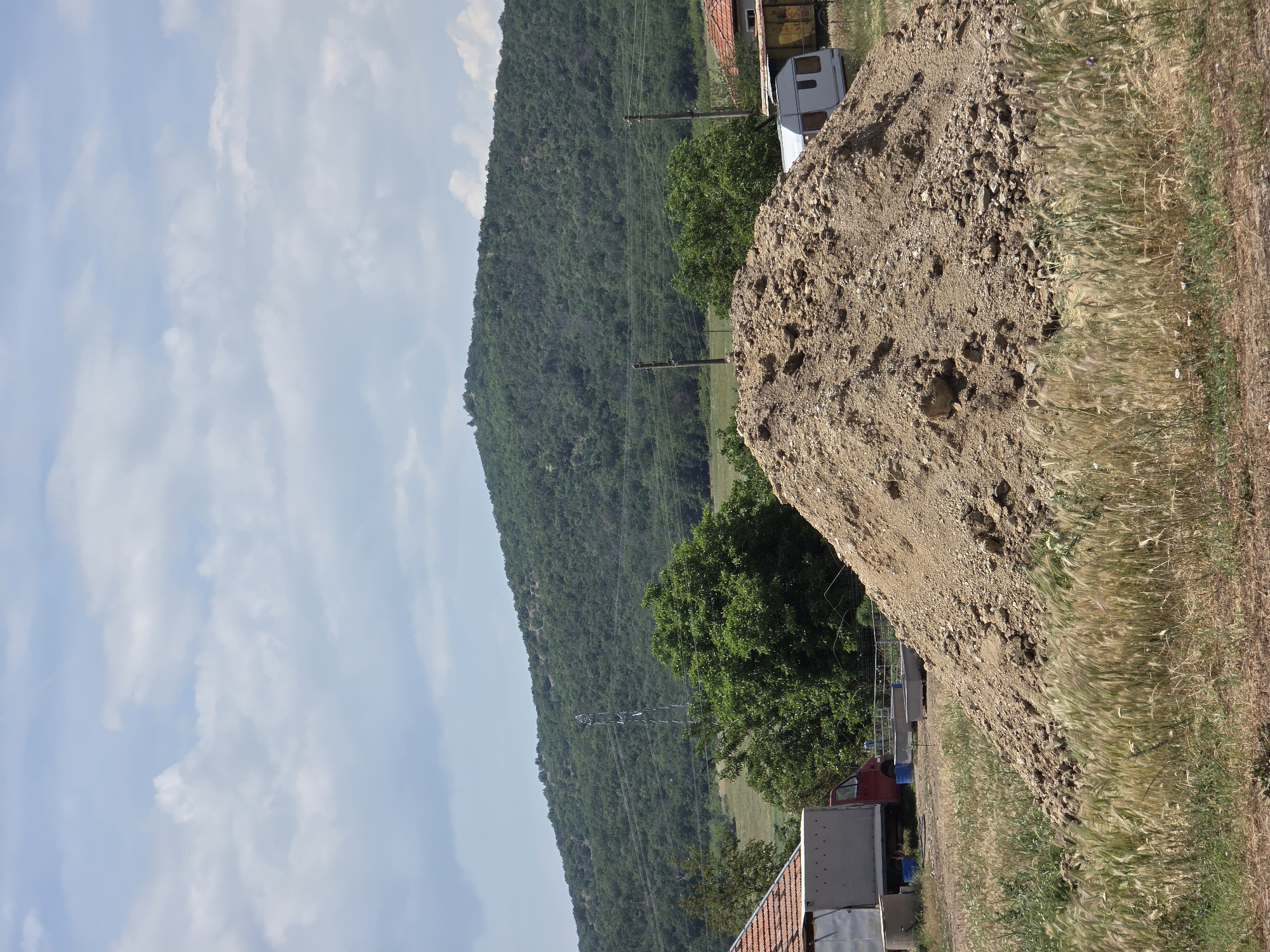 The image captures a rural landscape in Ivan Vazovo, Bulgaria, dominated by natural elements and some signs of human activity. The scene is presented from a slightly elevated perspective, looking towards a forested mountain range under a partly cloudy sky.
In the foreground, a large, light brown mound of earth or gravel occupies the right side of the frame. To its left, a dense growth of tall, dry, straw-colored grass and weeds stretches across the midground, bordering a narrower strip of greener vegetation.
The midground features several elements indicating human presence. Behind the foreground mound, a white caravan or trailer is partially visible, along with parts of a reddish-brown tiled roof of a building and a red truck. Green trees with full foliage are scattered throughout this area, one prominently positioned towards the left of the dirt mound. Multiple utility poles and power lines crisscross the midground horizontally, suggesting a power infrastructure.
In the background, a large, dark green mountain, densely covered in trees, rises prominently and extends across the left side of the image. The upper portion of the frame is filled with a bright blue sky, adorned with scattered white and wispy clouds.
The photograph depicts a bright daytime scene, likely under clear weather conditions. No specific human activity is observable, and no visible text is present. The overall impression is one of a natural environment coexisting with some rural development or construction.