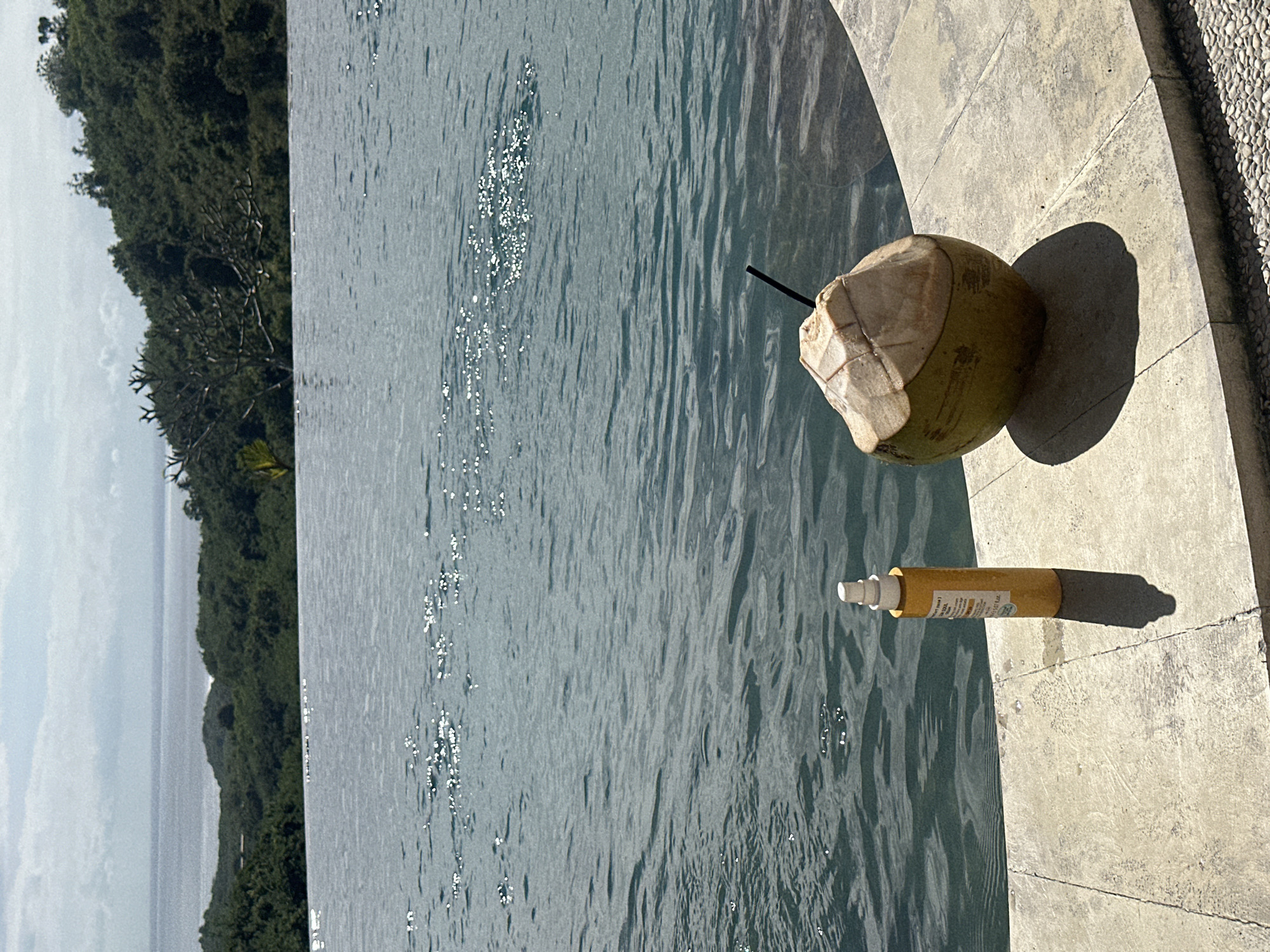 The image depicts a partially consumed coconut drink with a straw and a yellow bottle, likely sunscreen or lotion, positioned on a concrete ledge beside a body of water, possibly a pool or the ocean. In the background, there's a lush green landscape, indicative of a tropical environment. The location is Nusa Penida, Indonesia. The scene suggests relaxation and leisure in a tropical setting.